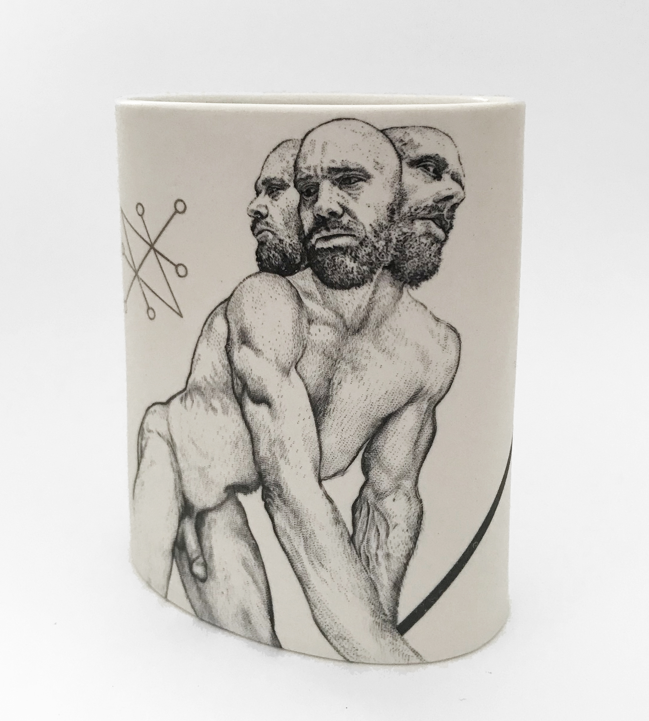 Andrew Nicholls and Sandra Black, Saturnian Vase, slipcast mid-fire porcelain with clear glaze and black and platinum lustre decals, 13.5 x 10.7 x 5.9cm