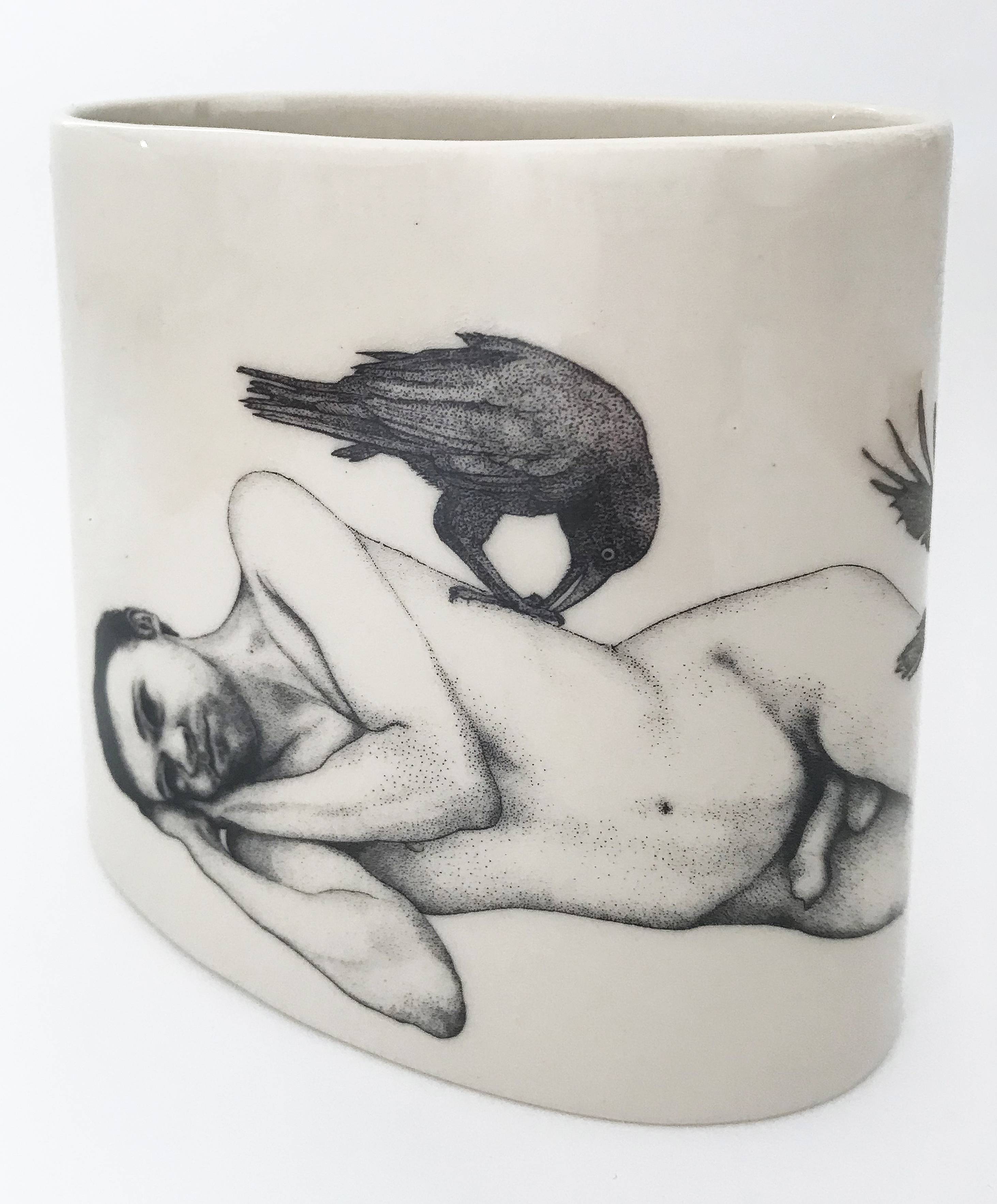 Andrew Nicholls and Sandra Black, Self Portrait with Ravens, 2021, slipcast mid-fire porcelain with clear glaze and decal, 13 x 14.7 x 8.6cm