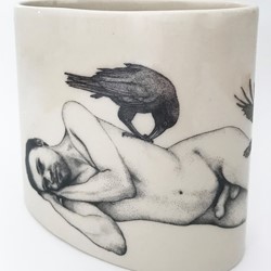 Andrew Nicholls and Sandra Black, Self Portrait with Ravens, 2021, slipcast mid-fire porcelain with clear glaze and decal, 13 x 14.7 x 8.6cm