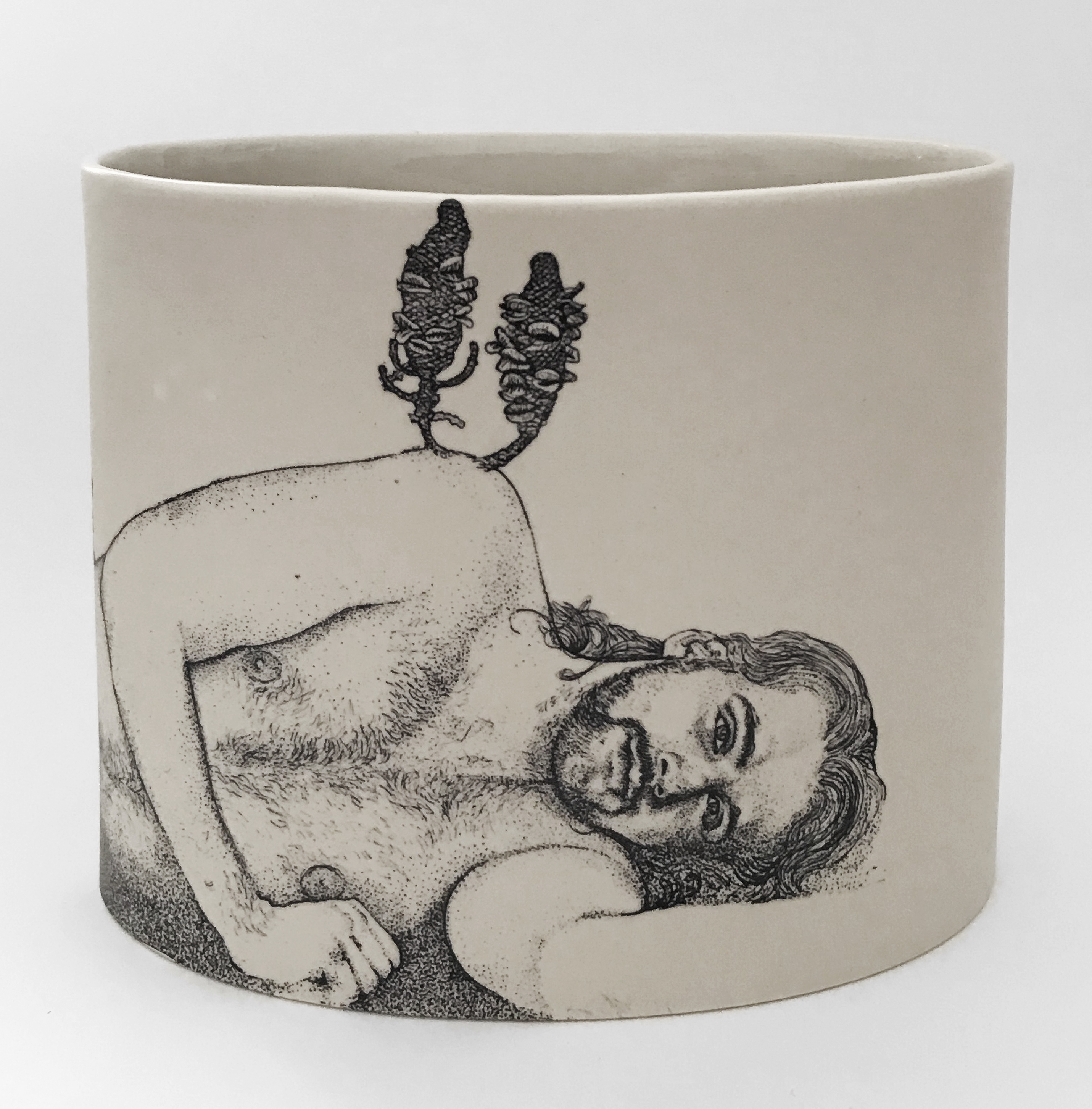 Andrew Nicholls and Sandra Black, Shannon with Banksia, 2021, slipcast mid-fire porcelain with clear glaze and decal, 14.3 x 17.2 x 10.4cm