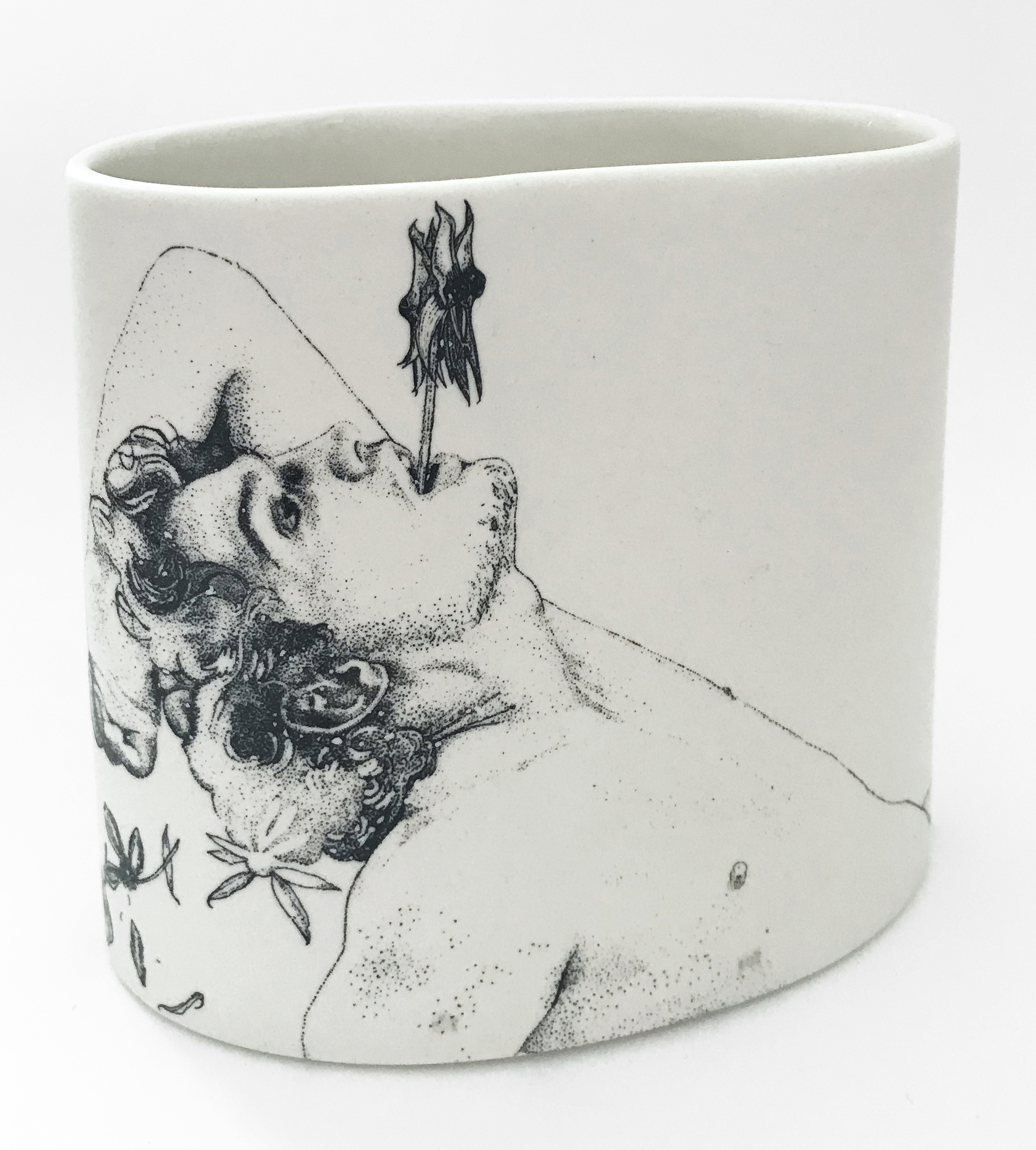 Andrew Nicholls and Sandra Black, Tom with Desert Pea, 2021, slipcast mid-fire porcelain with clear glaze and decal, 13 x 14.7 x 8.6cm