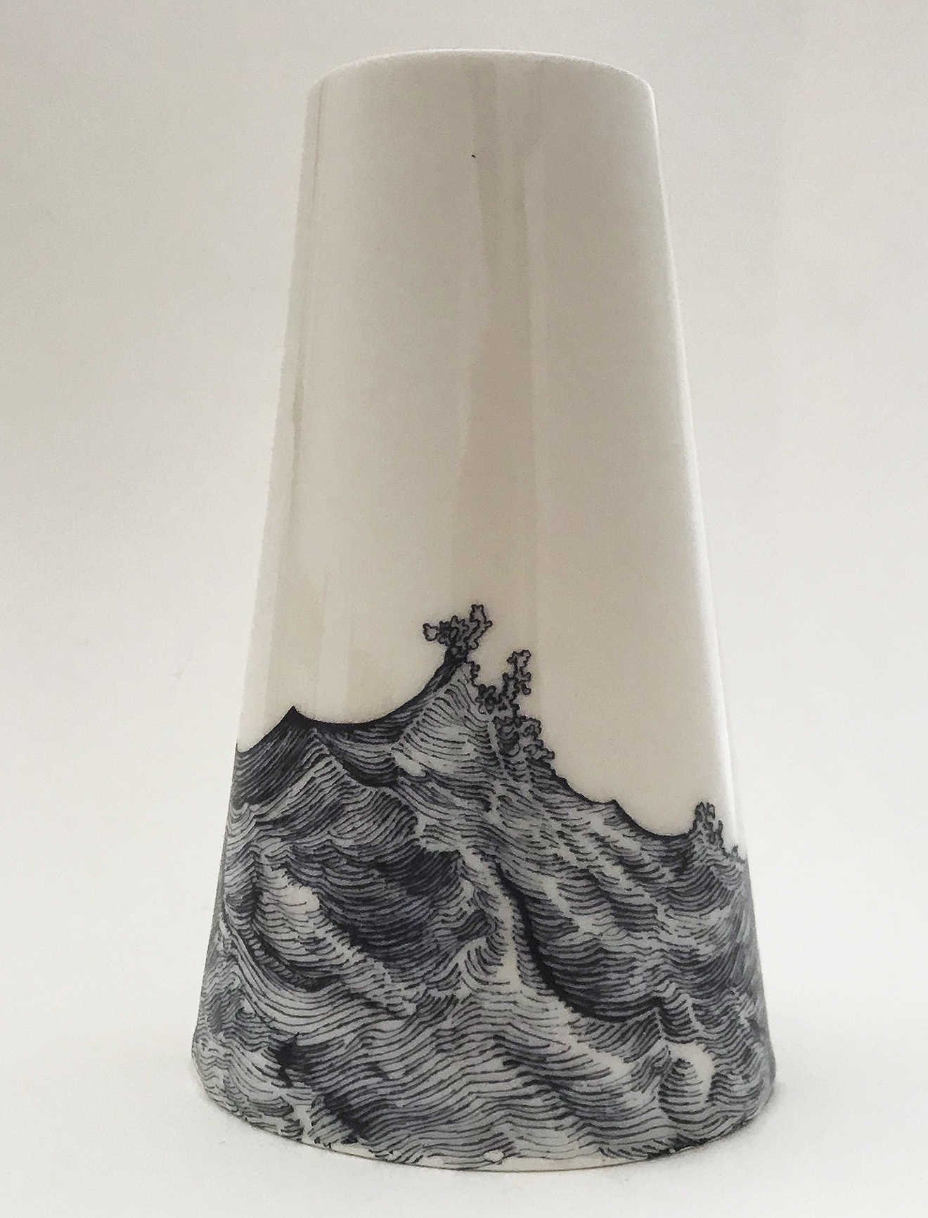 Andrew Nicholls and Sandra Black, Wave Tower 2, 2021, blue decals on slipcast mid-fire porcelain with clear glaze, 18.8 x 10.2cm