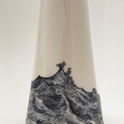 Andrew Nicholls and Sandra Black, Wave Tower 2, 2021, blue decals on slipcast mid-fire porcelain with clear glaze, 18.8 x 10.2cm
