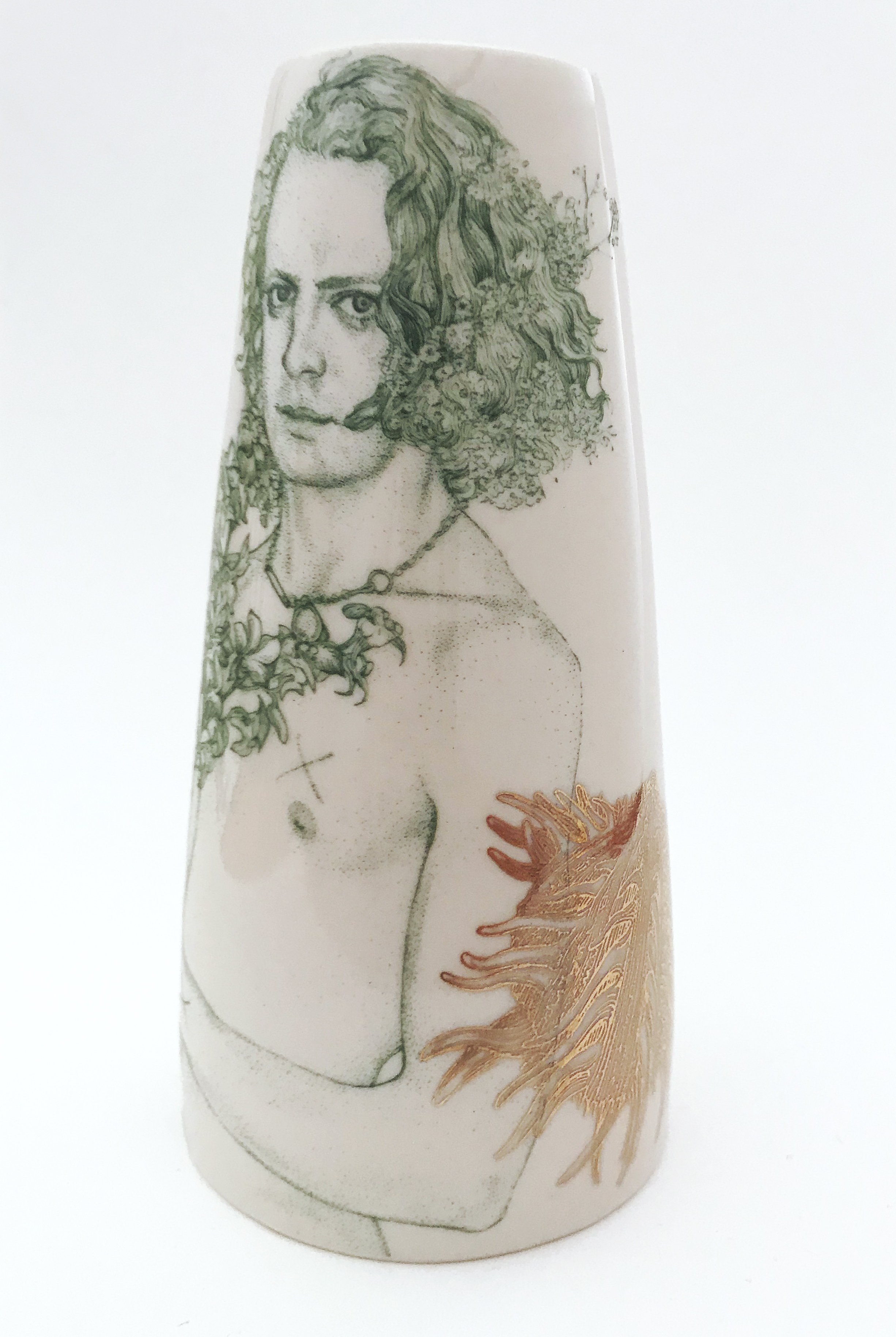 Andrew Nicholls and Sandra Black, Venusian Vase 1, 2021, black, green and gold lustre decals on slipcast mid-fire porcelain with clear glaze, 15.8 x 8cm