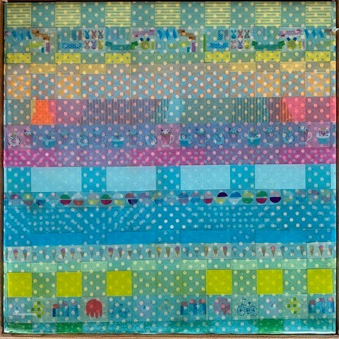 Minaxi May, Blue Weaves, 2020, washi tape, glue and epoxy resin on board, 22 x 22 x 3.5cm