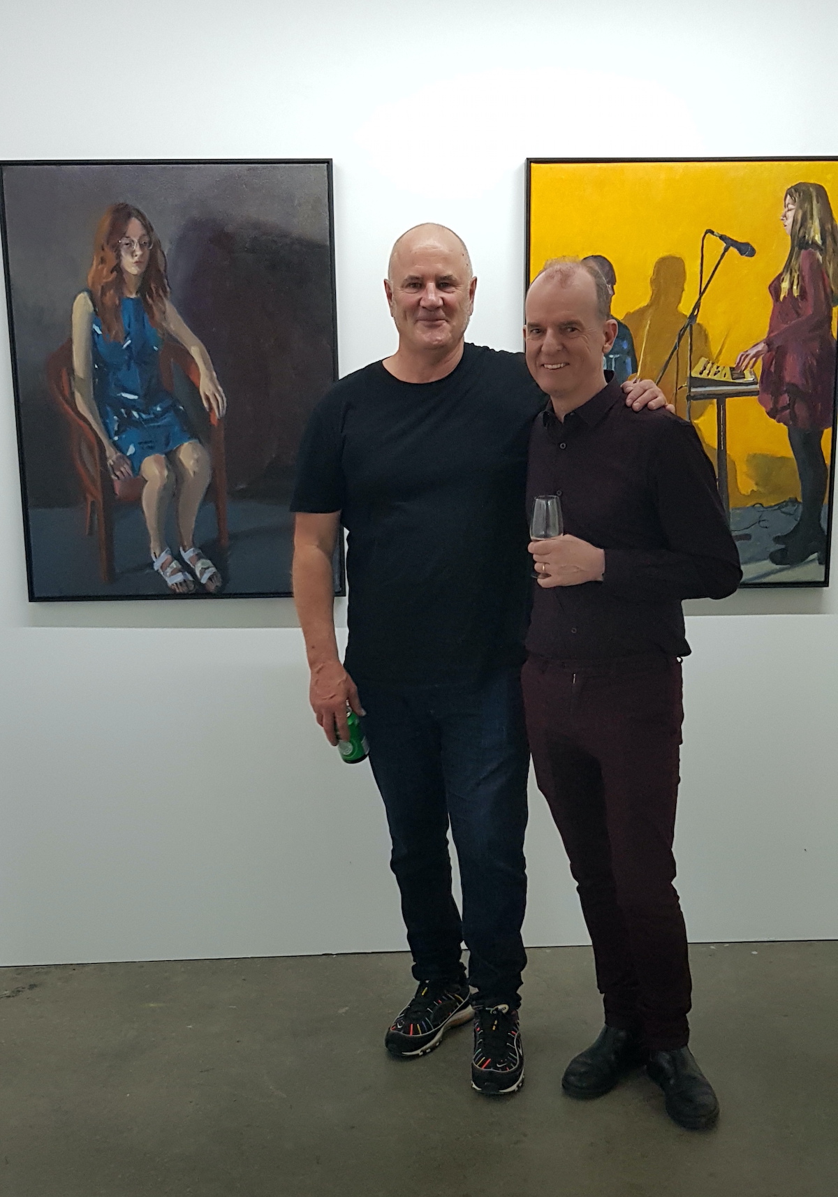 Chris Hopewell (left) with Kevin Robertson at the opening of Mimesis, curated by Kevin. November 2021. In the background paintings by Kevin Robertson, L-R: Kate, 2020 and Music, 2020.
