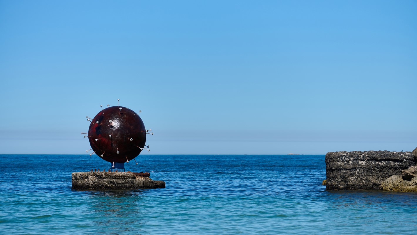 Tim Burns, Remnant armament, 2022, fibreglass, metal armature, LED light, 260cm diameter. Photo: Rebecca Mansell.