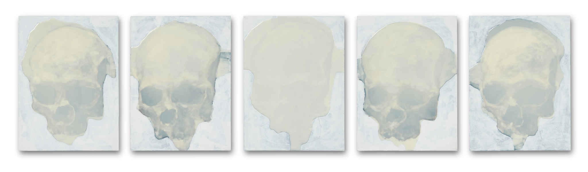 Chris Hopewell, Crypto, 2021, resin and acyrlic on paper and wood box, 39 x 175cm (5 panels, 39 x 29cm each)