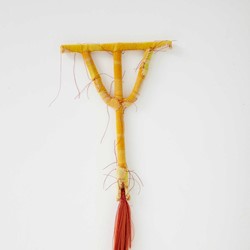 Olga Cironis, Dipping, 2022, repurposed tool, woollen blanket, cotton thread and synthethic hair, 82 x 40 x 4cm