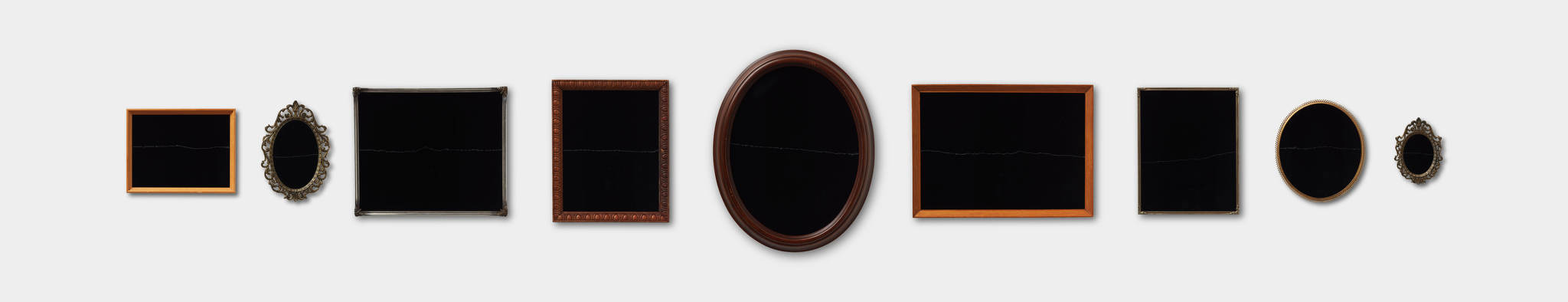 Olga Cironis, Horizon 3, 2022, repurposed frames and acrylic, varied dimensions, 11 pieces