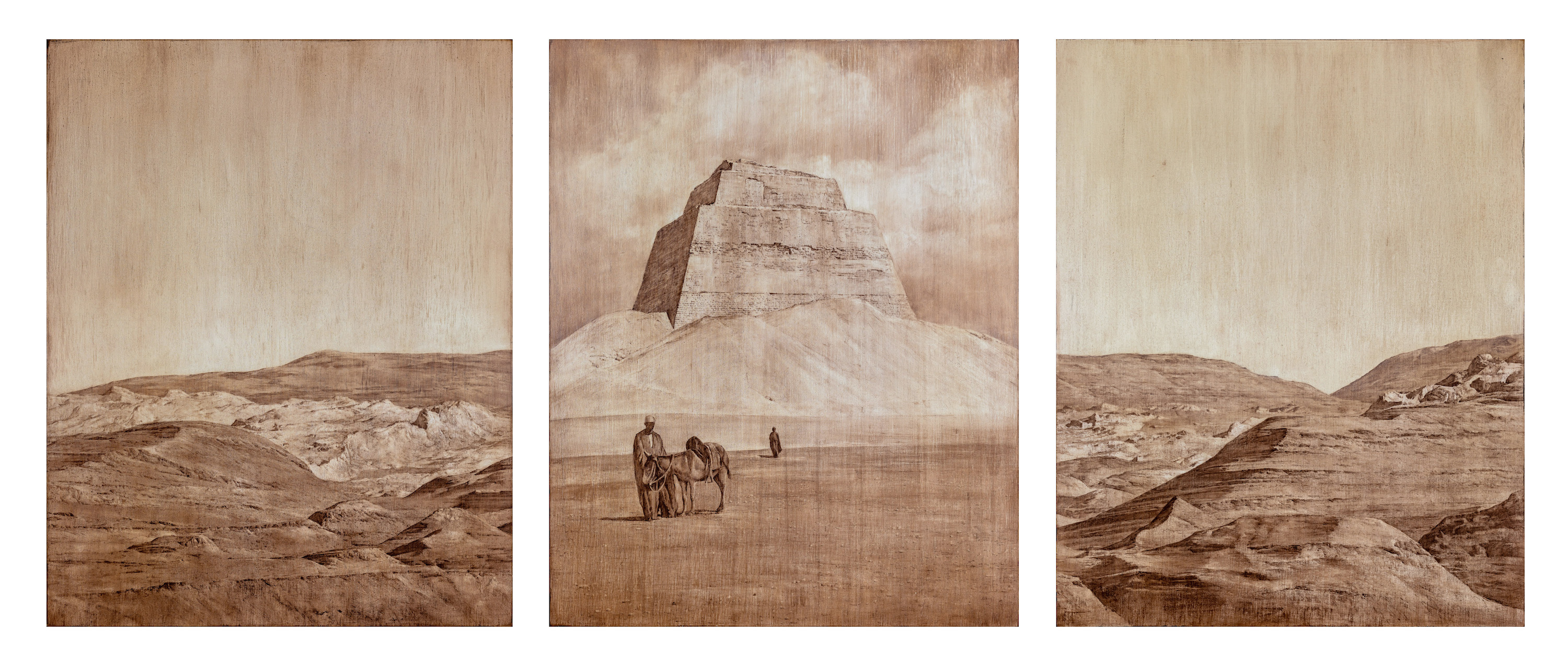 Tony Windberg, Wonders of the Worlds IX, 2022, oil paint, earth pigments and Conté crayon on board, 50.5 x 130cm (3 panels)