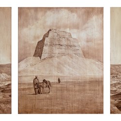 Tony Windberg, Wonders of the Worlds IX, 2022, oil paint, earth pigments and Conté crayon on board, 50.5 x 130cm (3 panels)