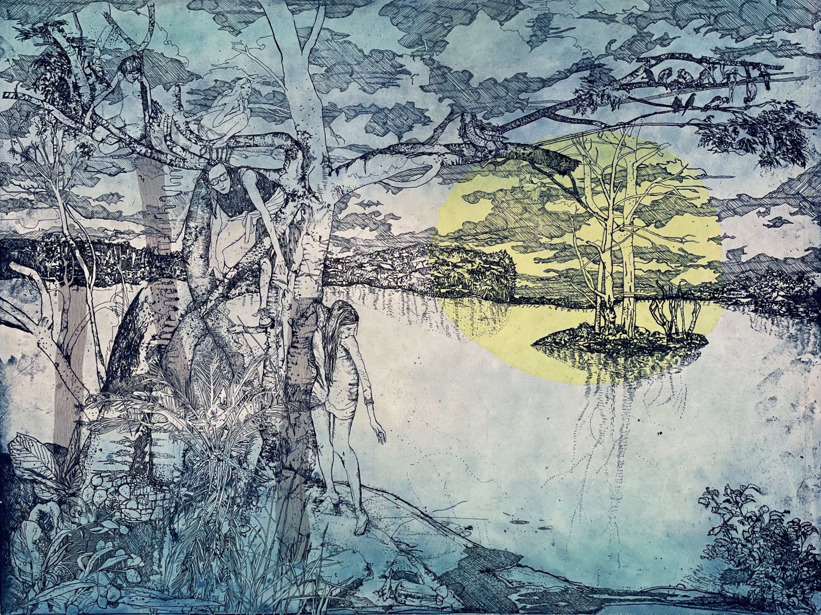 Antony Muia, Lake Karri, 2021-22, etching and chine colle on handcoloured paper, 59 x 80cm (82 x 101cm framed), ed. 9