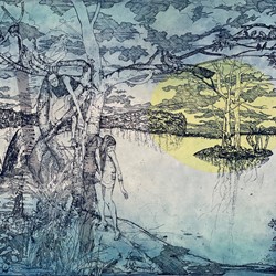 Antony Muia, Lake Karri, 2021-22, etching and chine colle on handcoloured paper, 59 x 80cm (82 x 101cm framed), ed. 9
