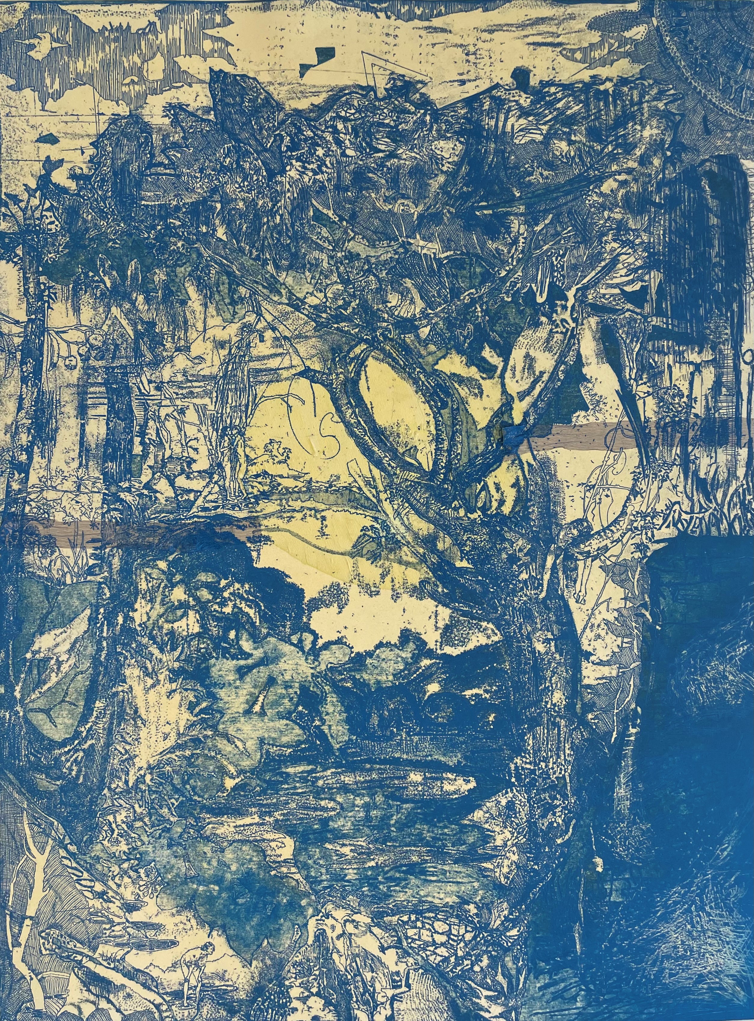 Antony Muia, Marri, 2022, etching and chine colle on handcoloured paper, 98 x 74cm (120 x 95cm framed), ed. 6