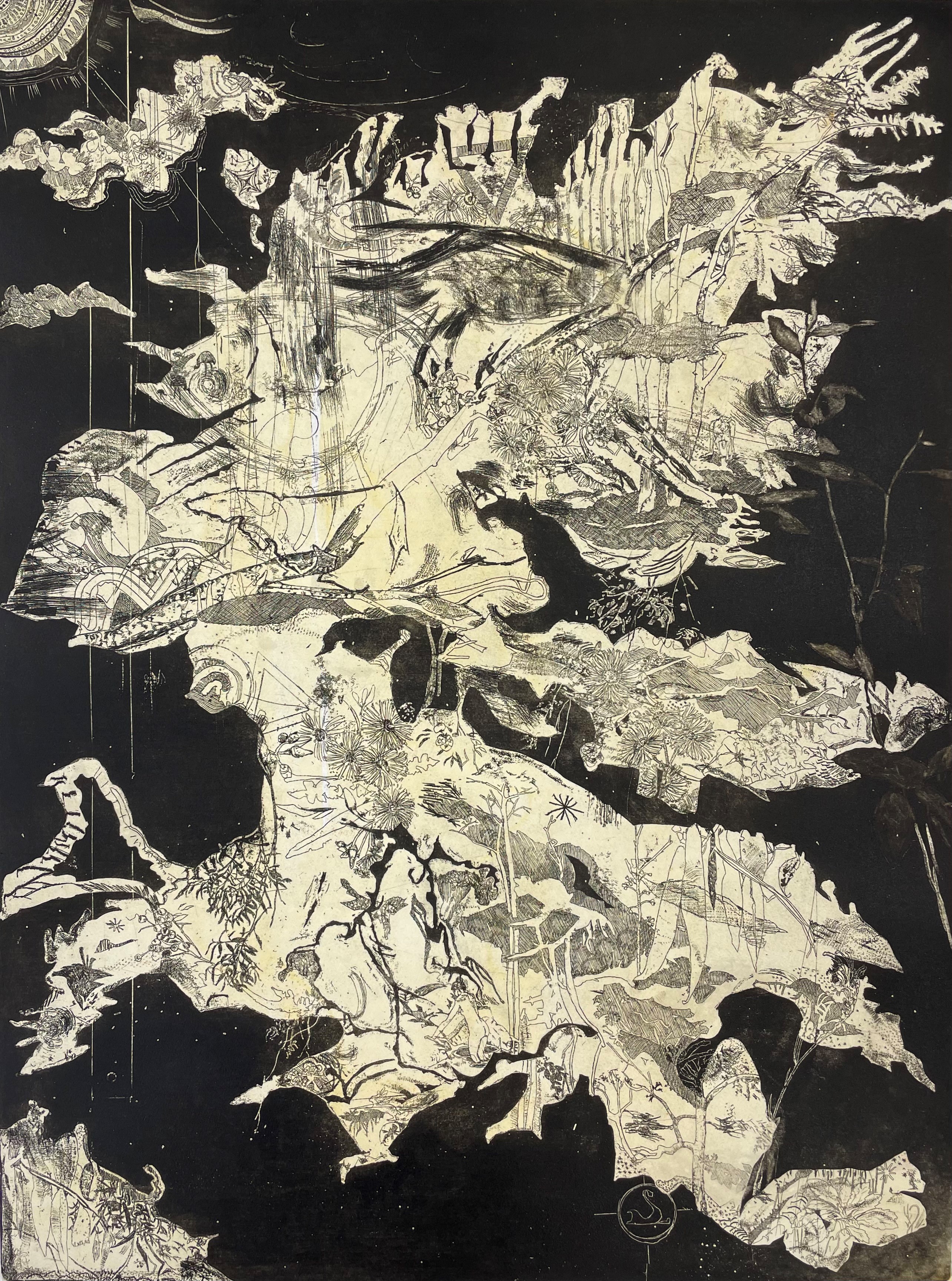 Antony Muia, Untitled Island, 2022, etching on handcoloured paper, 98 x 74cm (120 x 95cm framed), ed. 6