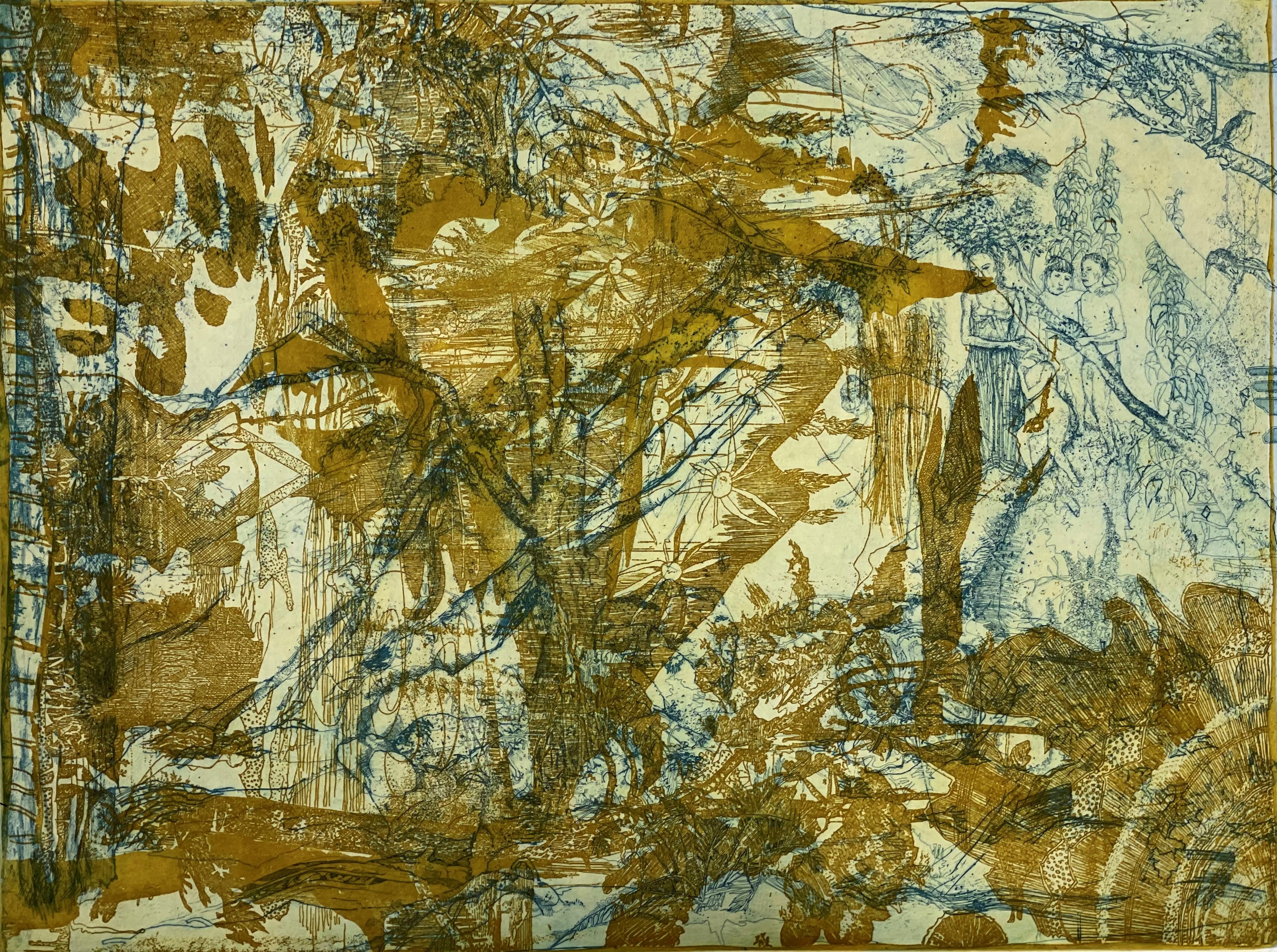 Antony Muia, Mother & Child, 2022, etching on handcoloured paper, 59 x 80cm (82 x 101cm framed), ed. 9