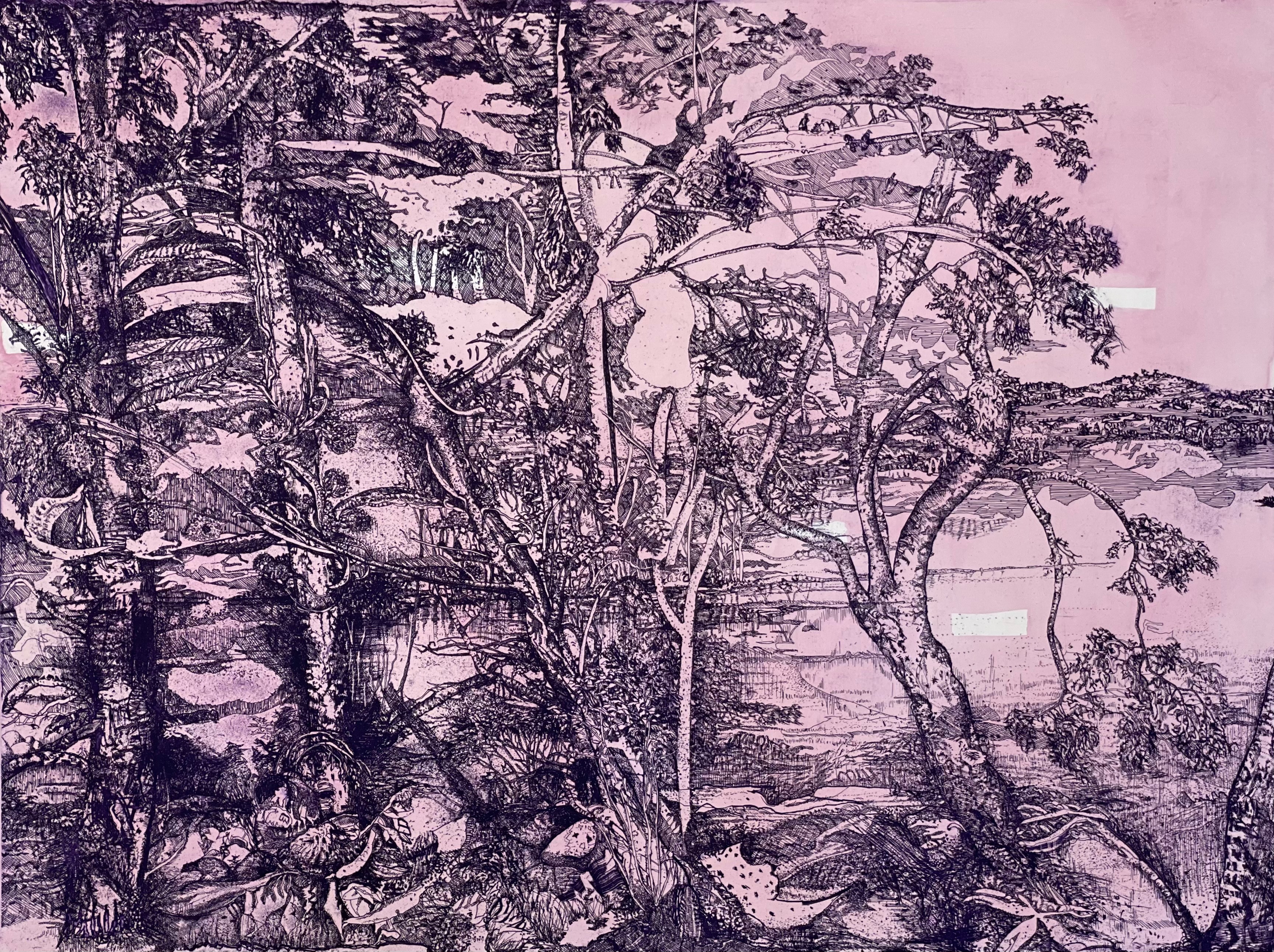 Antony Muia, The Bay, 2021-22, etching on handcoloured paper, 58 x 79cm (81 x 100cm framed), ed. 9