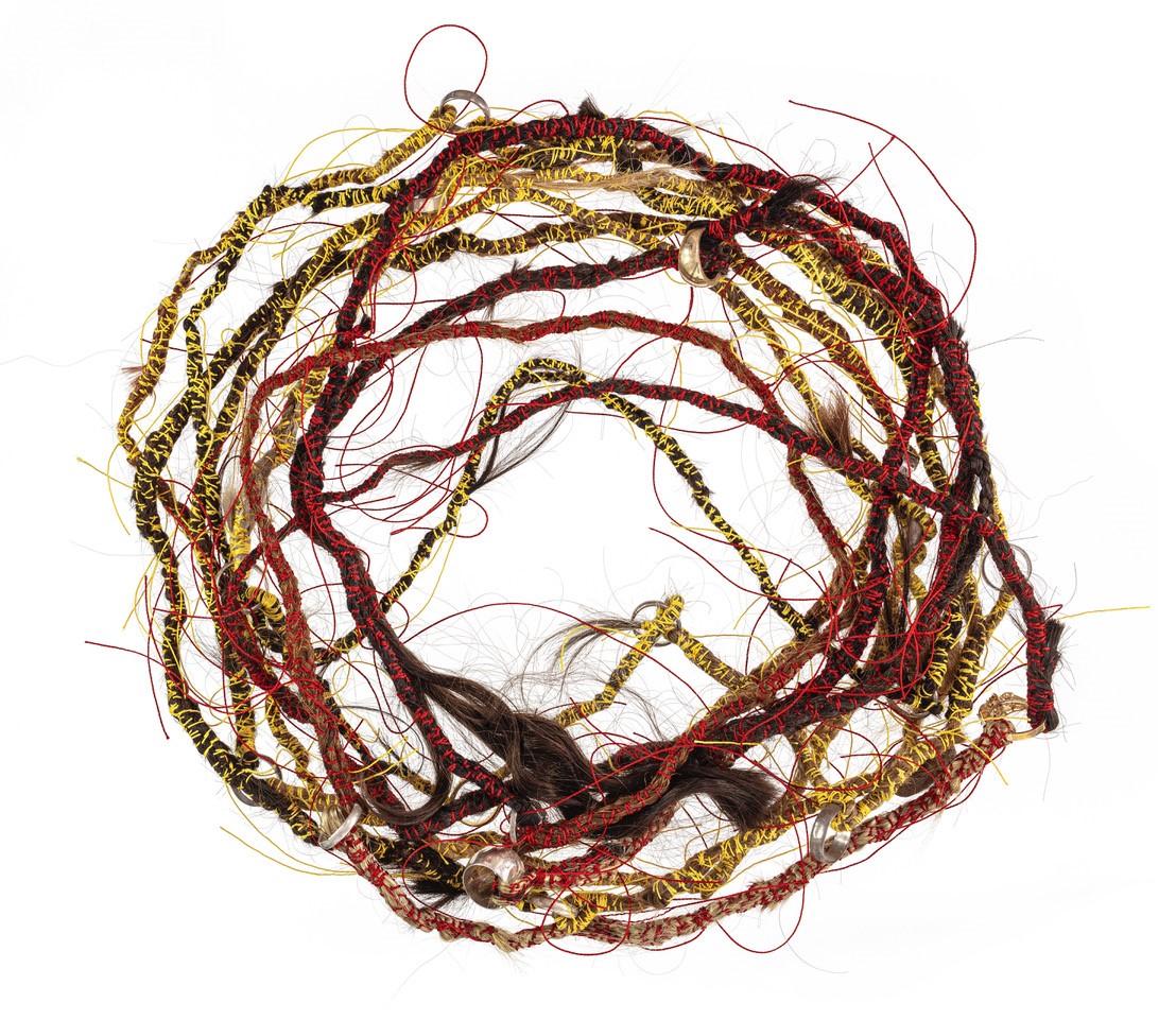Olga Cironis, Persephone's Rope 2, 2022, hair, repurposed rings and cotton thread, 500cm