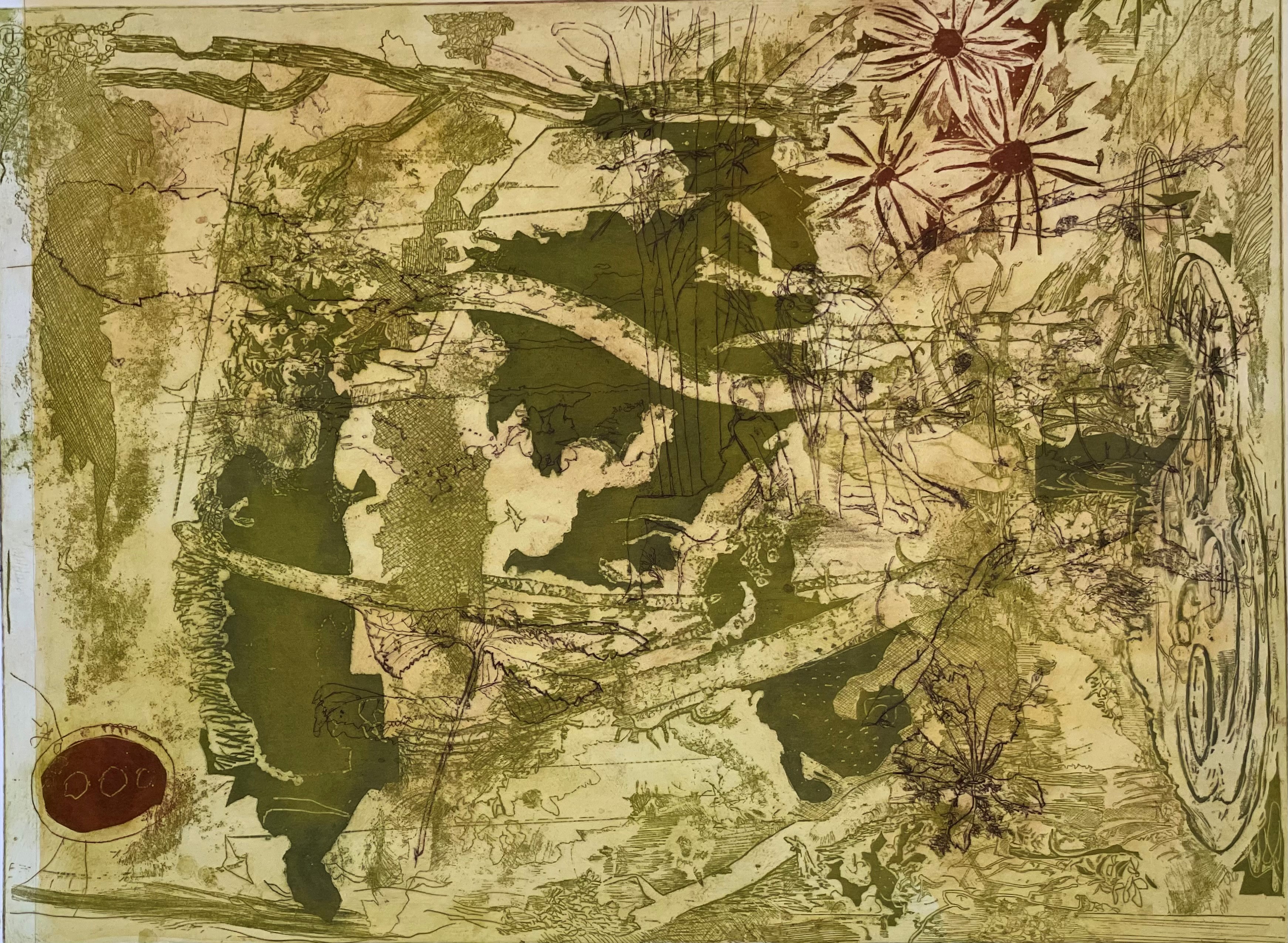 Antony Muia, Reclining Figure with Daisies, 2021-22, etching on handcoloured paper, 59 x 79cm, ed. 9