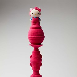 Minaxi May, Hello, Leaning Tower of Kitty, 2022, repurposed plastic toys and glass, plastic and ceramic objects, aluminium wire, monofilament fibres, synthetic clay, glue and paint marker, 46 x 12 x 12cm