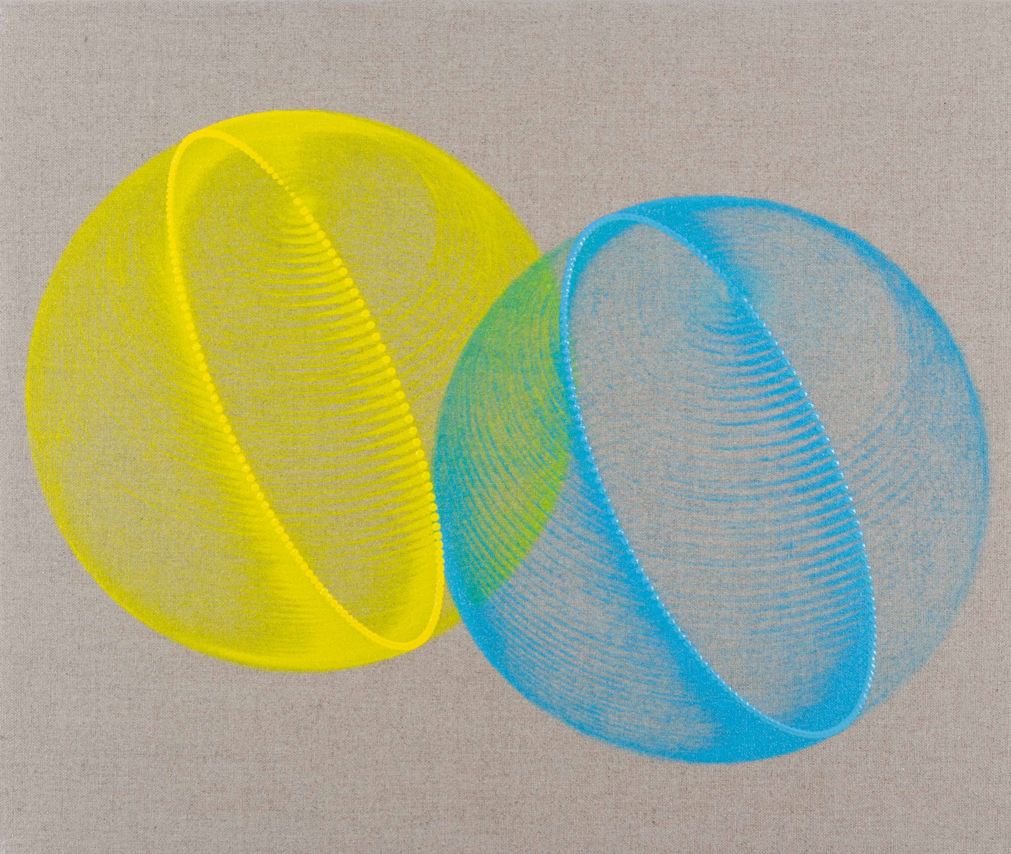 Hiroshi Kobayashi, Synchronised Spheres, 2022, oil on linen, 38.5 x 46cm