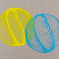 Hiroshi Kobayashi, Synchronised Spheres, 2022, oil on linen, 38.5 x 46cm