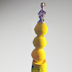 Minaxi May, Top of the Mountain Girl, 2022, repurposed plastic and ceramic objects and mixed media, 72 x 19.5 x 19.5cm