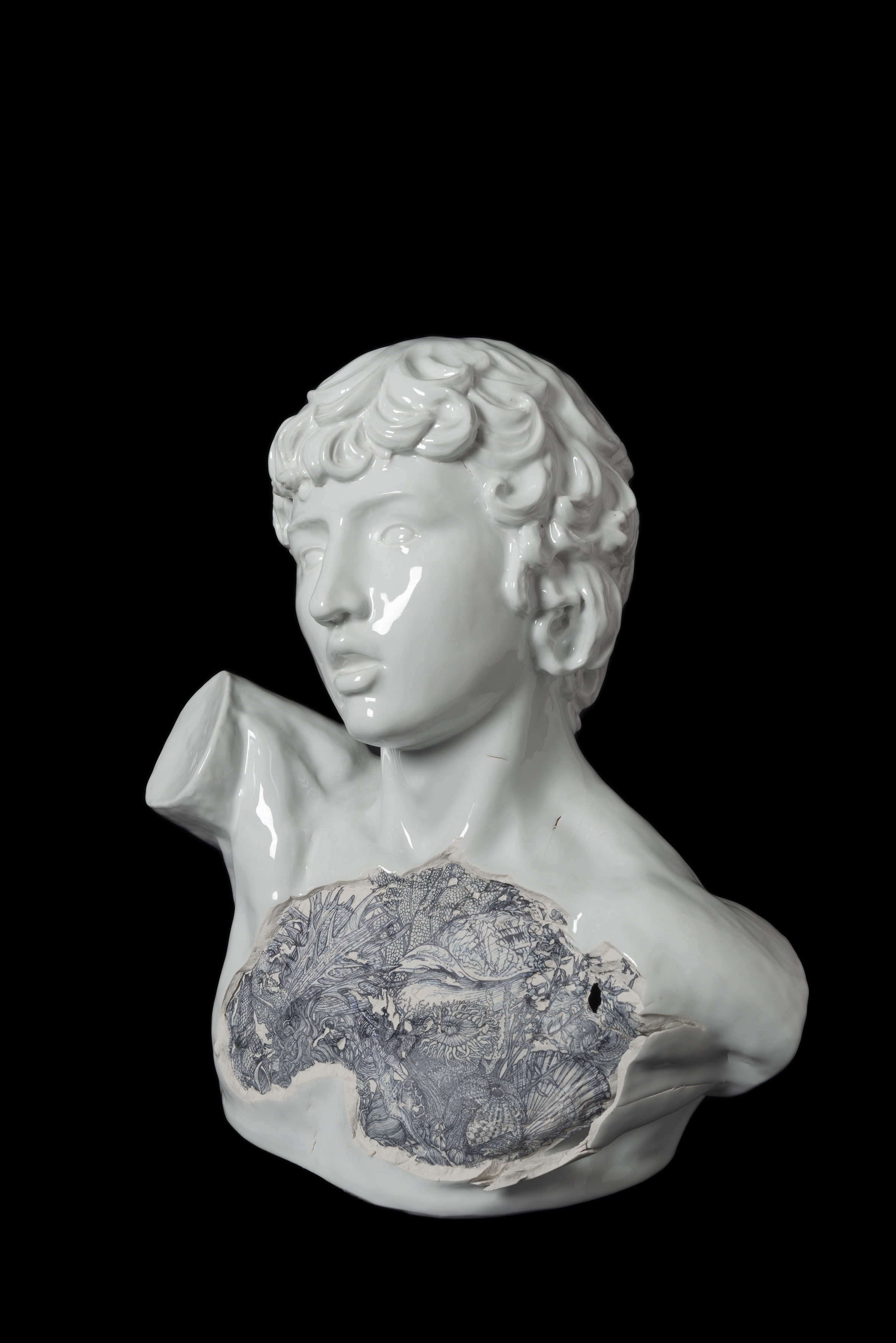 Andrew Nicholls and Jingdezhen artisans, Drowned Antinous 1, 2016, decal transfer on glazed Superwhite porcelain, 47 x 47 x 35cm