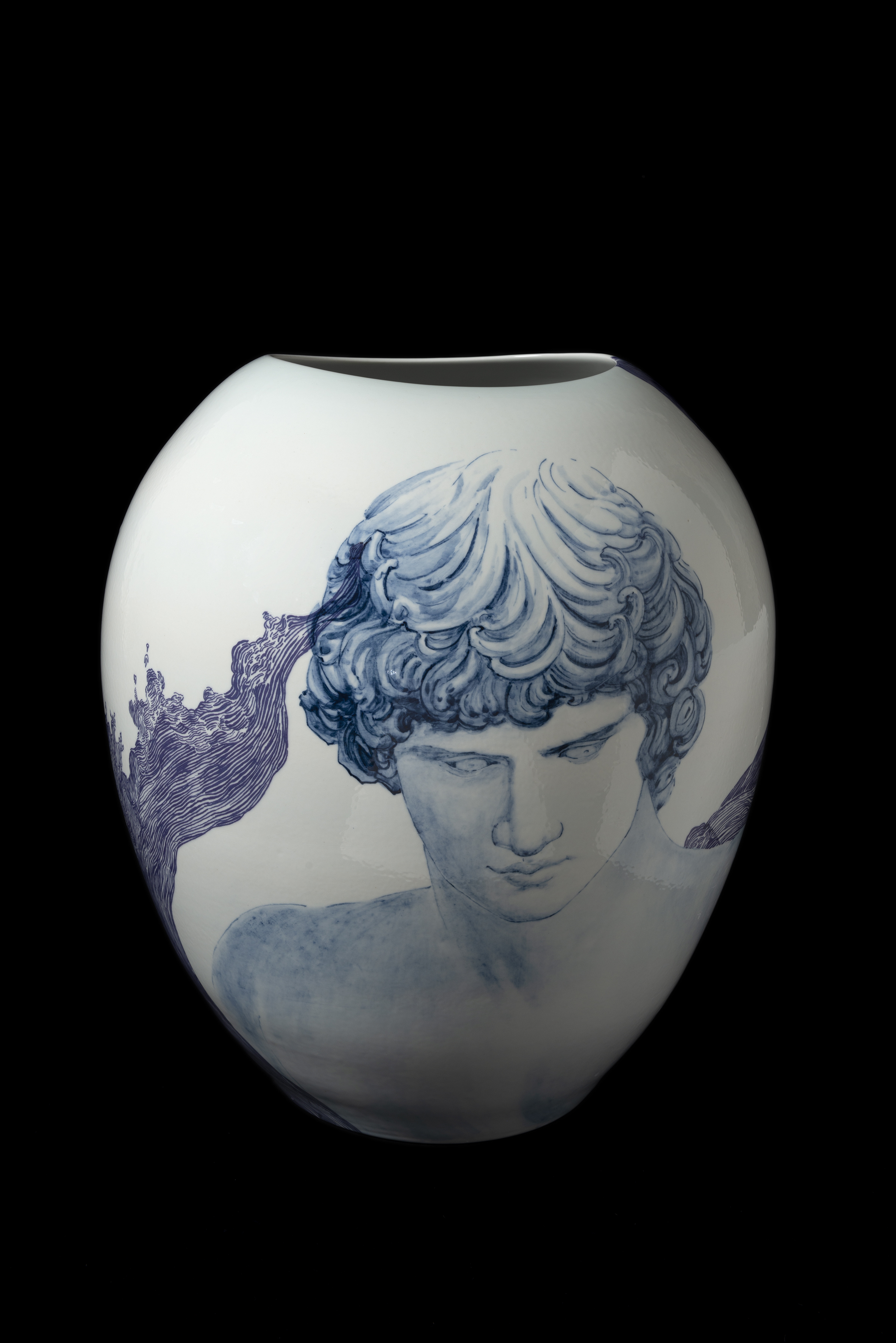 Andrew Nicholls and Huang Fei, Hadrian and Antinous Vase, 2018, colbalt and decal transfer on glazed Superwhite porcelain, 45 x 39 x 39cm (back). Private Collection
