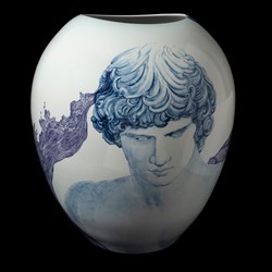 Andrew Nicholls and Huang Fei, Hadrian and Antinous Vase, 2018, colbalt and decal transfer on glazed Superwhite porcelain, 45 x 39 x 39cm (back). Private Collection
