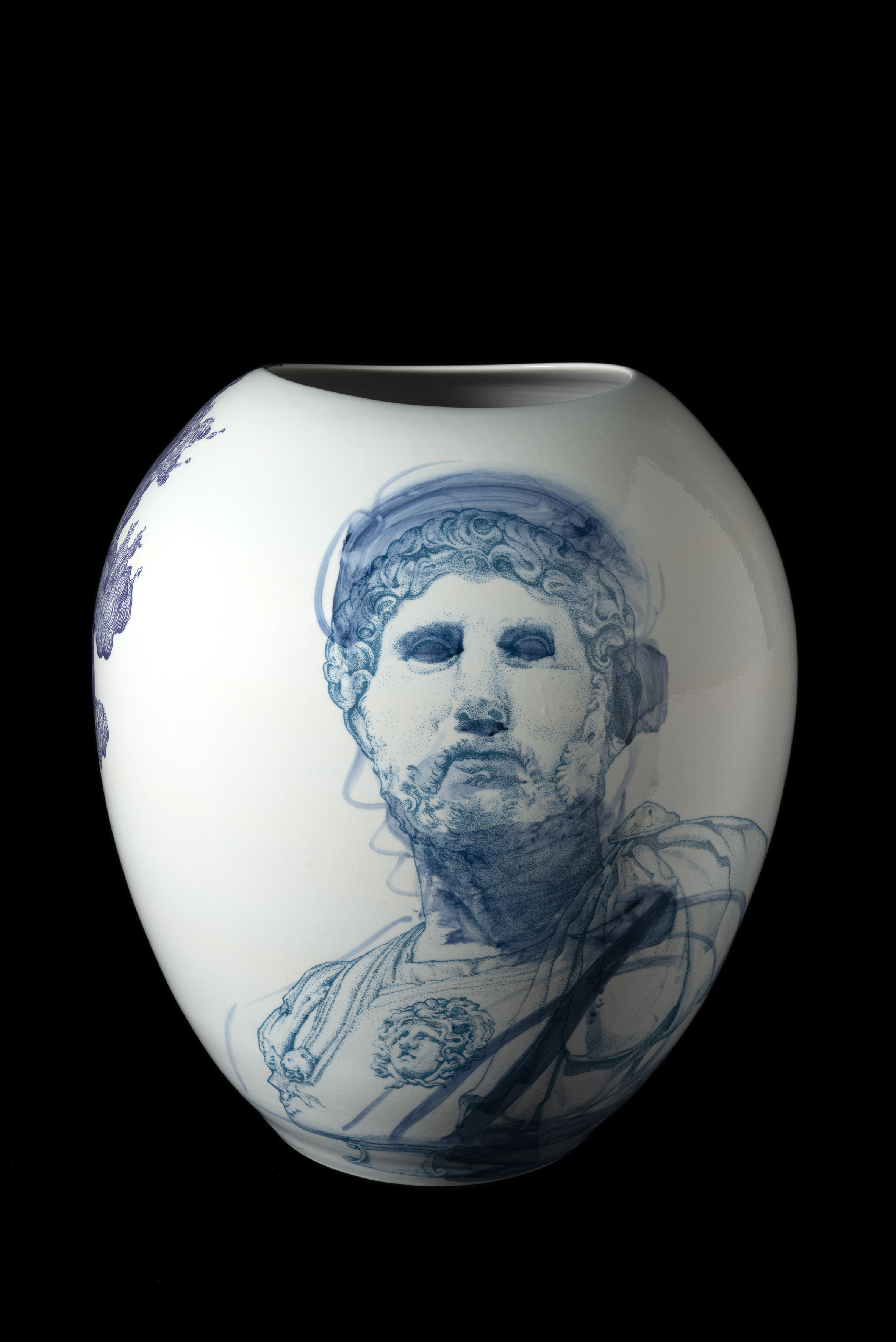 Andrew Nicholls and Huang Fei, Hadrian and Antinous Vase, 2018, colbalt and decal transfer on glazed Superwhite porcelain, 45 x 39 x 39cm (front). Private Collection