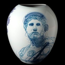 Andrew Nicholls and Huang Fei, Hadrian and Antinous Vase, 2018, colbalt and decal transfer on glazed Superwhite porcelain, 45 x 39 x 39cm (front). Private Collection