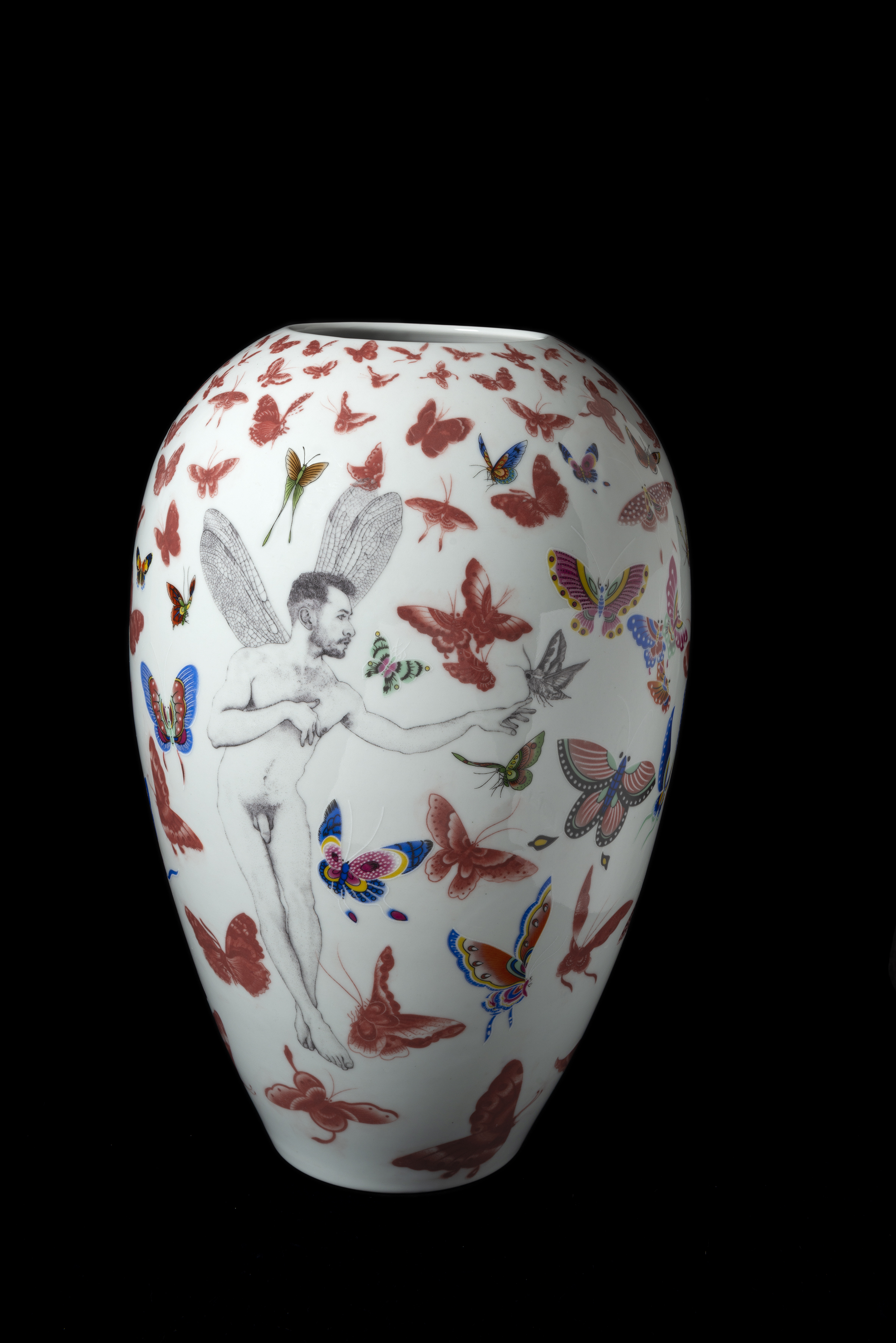 Andrew Nicholls, 2021, Gentry Vase, decal transfer on glazed Superwhite porcelain, 38 x 25 x 25cm (back). Private Collection