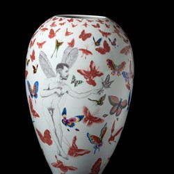 Andrew Nicholls, 2021, Gentry Vase, decal transfer on glazed Superwhite porcelain, 38 x 25 x 25cm (back). Private Collection