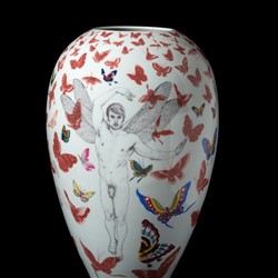 Andrew Nicholls, 2021, Gentry Vase, decal transfer on glazed superwhite porcelain, 38 x 25 x 25cm (front). Private Collection
