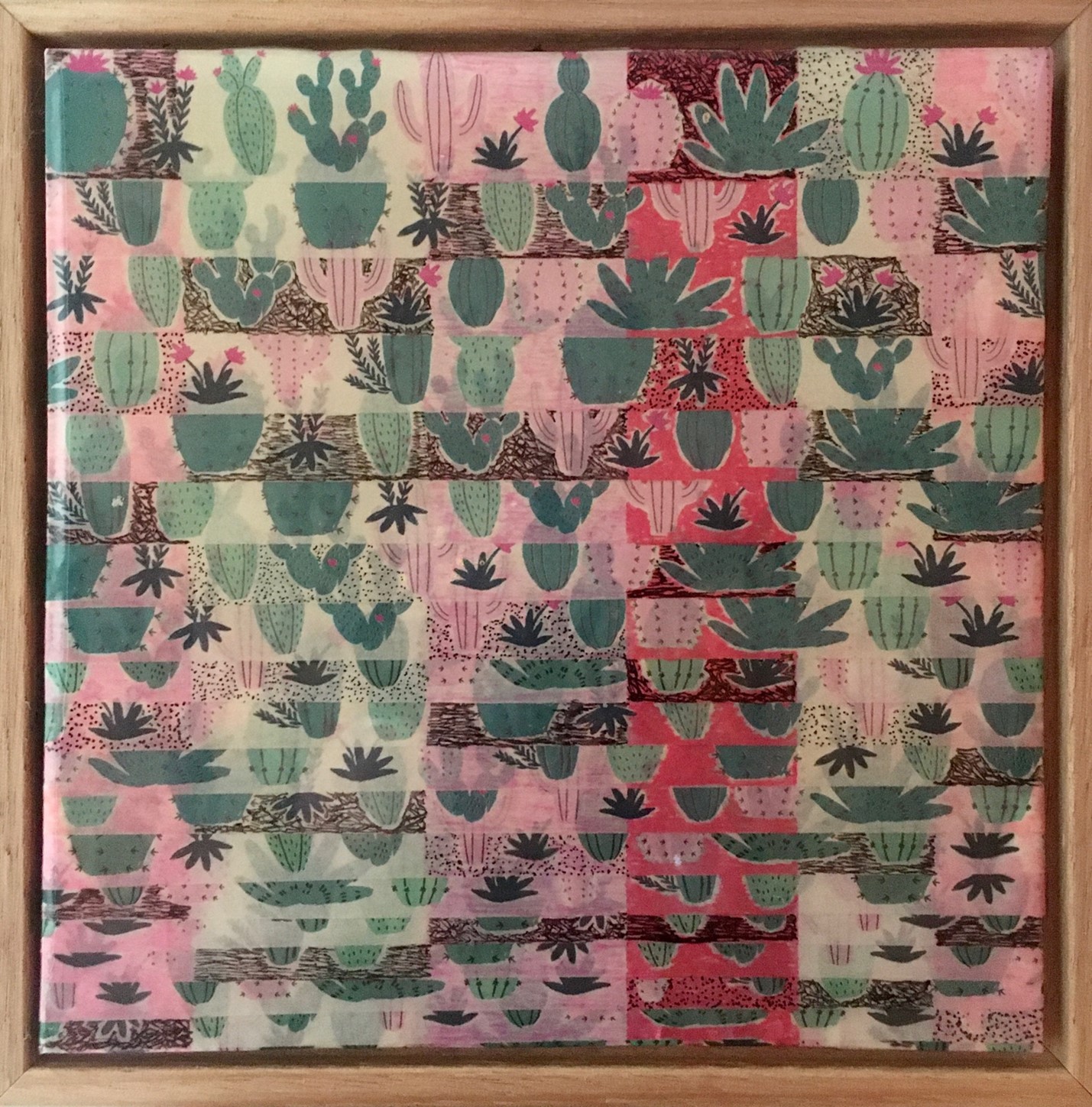 Minaxi May, Musing Arizona’s Expanse of Cacti, 2019, Washi tape, glue, pen, felt marker and ink and epoxy resin on board, 16.3 x 16.3 x 2cm