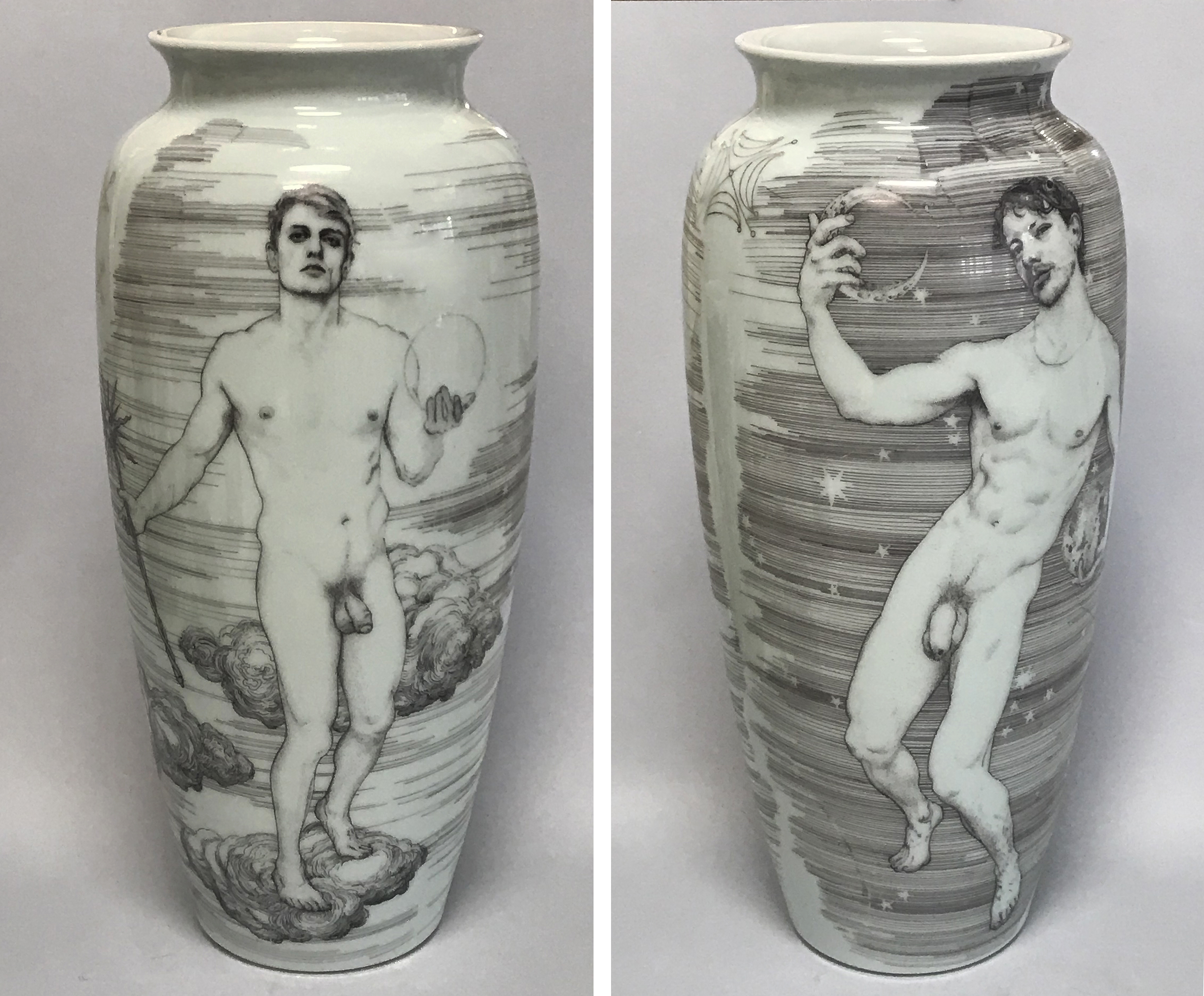 Andrew Nicholls, Sol and Luna Vase, 2018-22, decal transfer on glazed Superwhite porcelain, 35 x 16 x 16cm. Private Collection