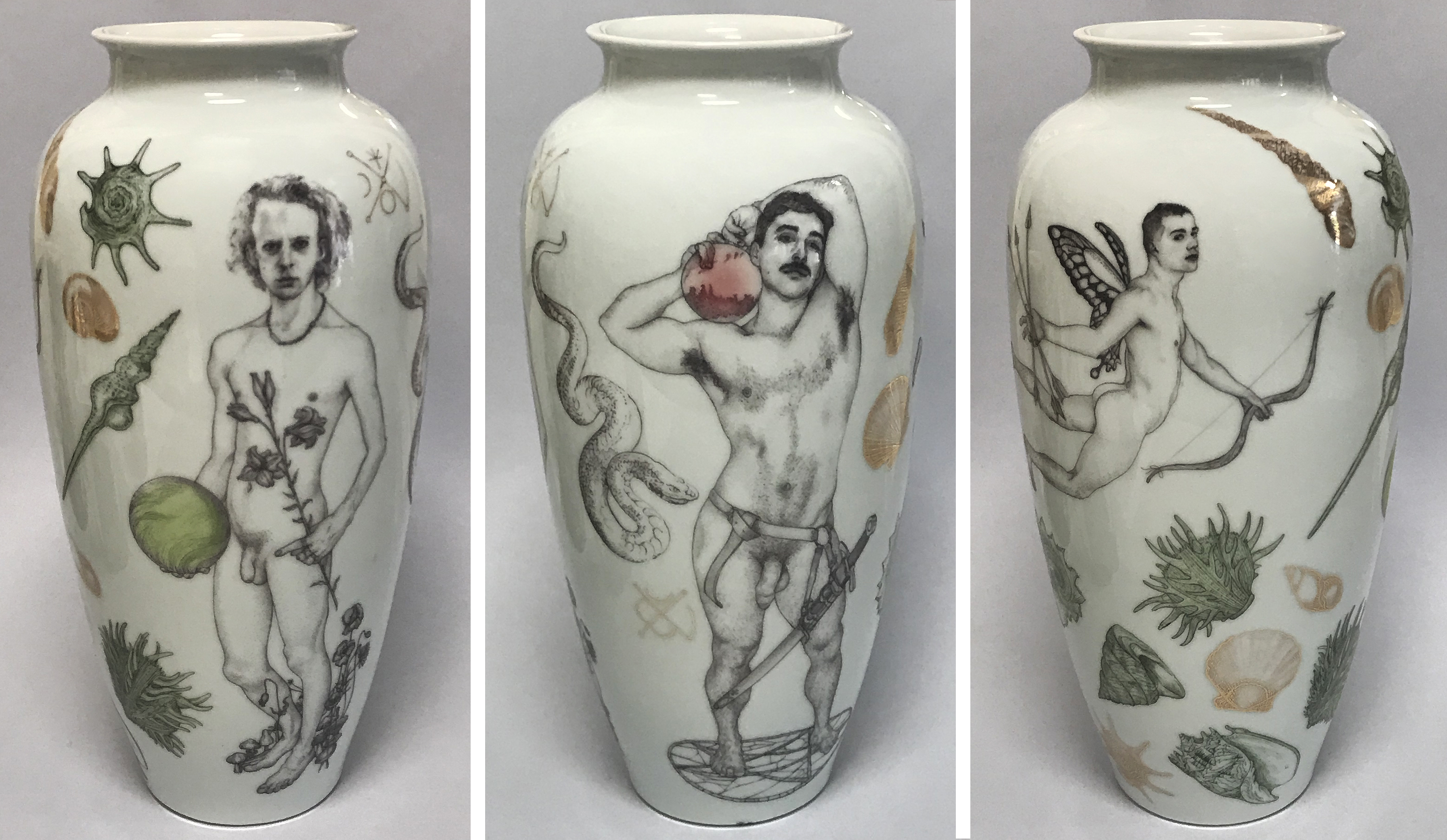 Andrew Nicholls, Invocation of Venus and Mars Vase, 2018-22, decal transfer on glazed Superwhite porcelain, 35 x 17 x 17cm
