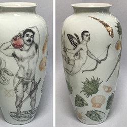 Andrew Nicholls, Invocation of Venus and Mars Vase, 2018-22, decal transfer on glazed Superwhite porcelain, 35 x 17 x 17cm