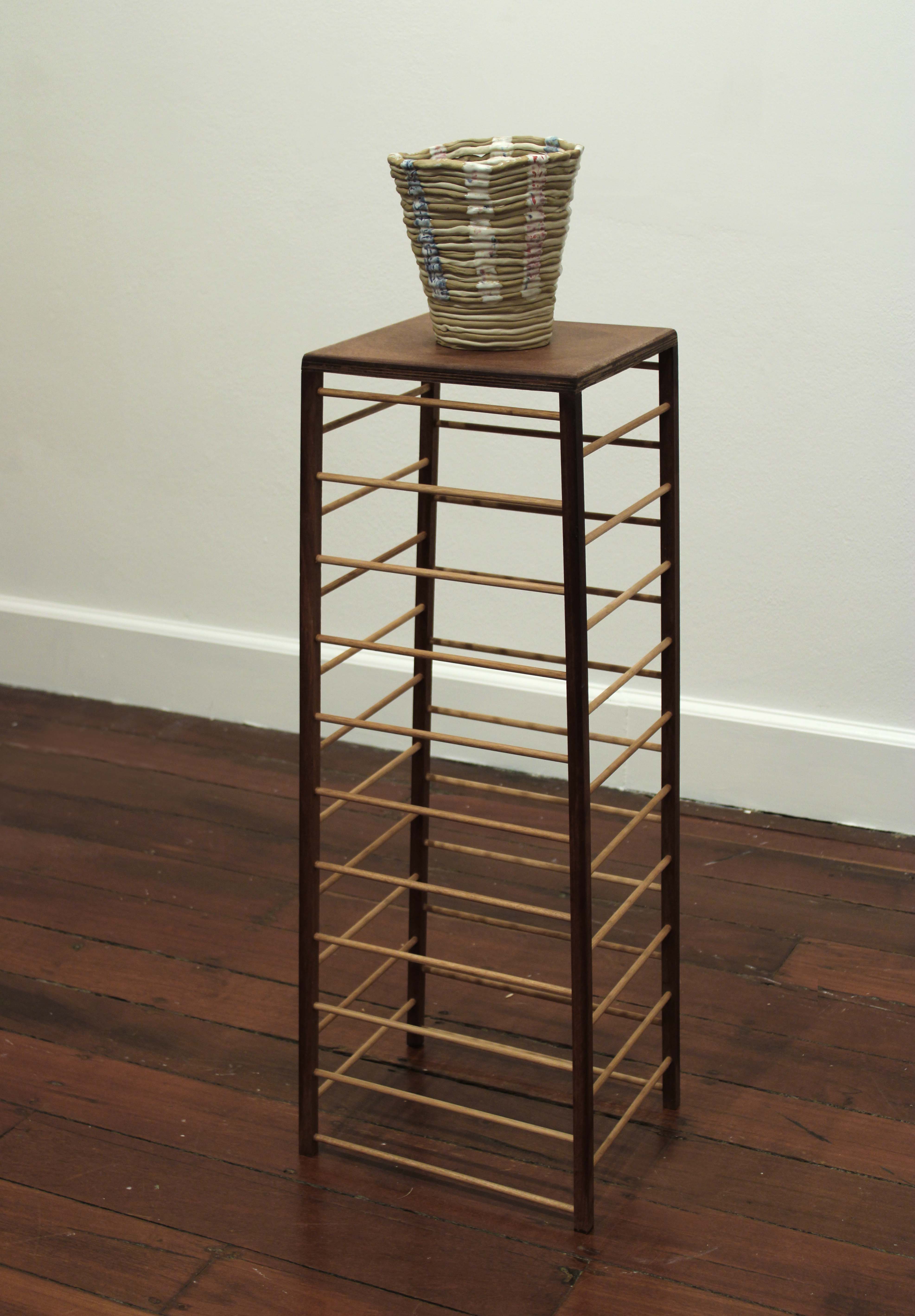 Tom Freeman, More or Less, 2017-22, glazed stoneware with Tasmanian oak, jarrah and masonite stand