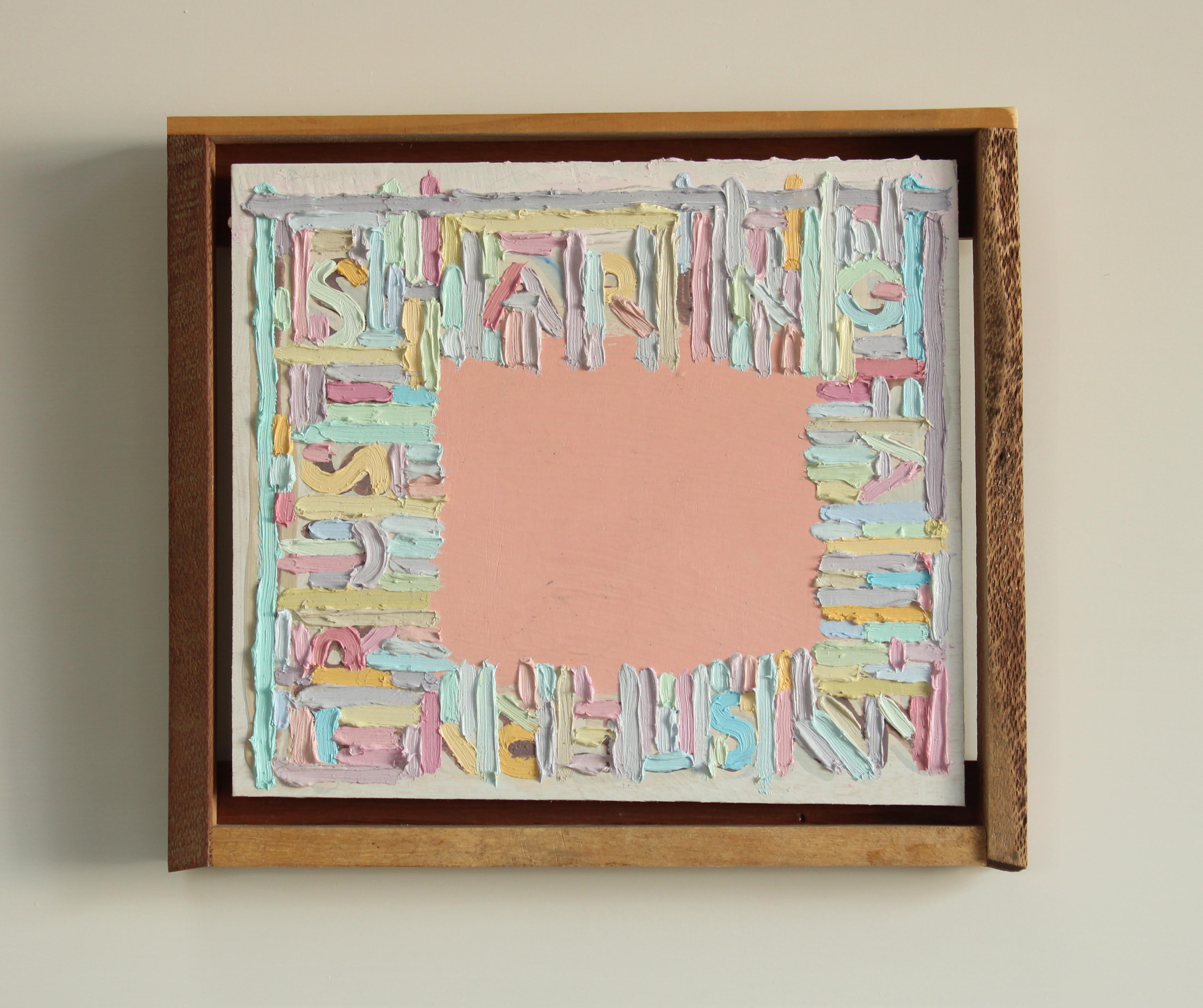 Tom Freeman, Sharing, Faith, Mystery, Trust, 2022, oil and acrylic on plywood with marri, jarrah, banksia and pine frame, 30 x 34cm