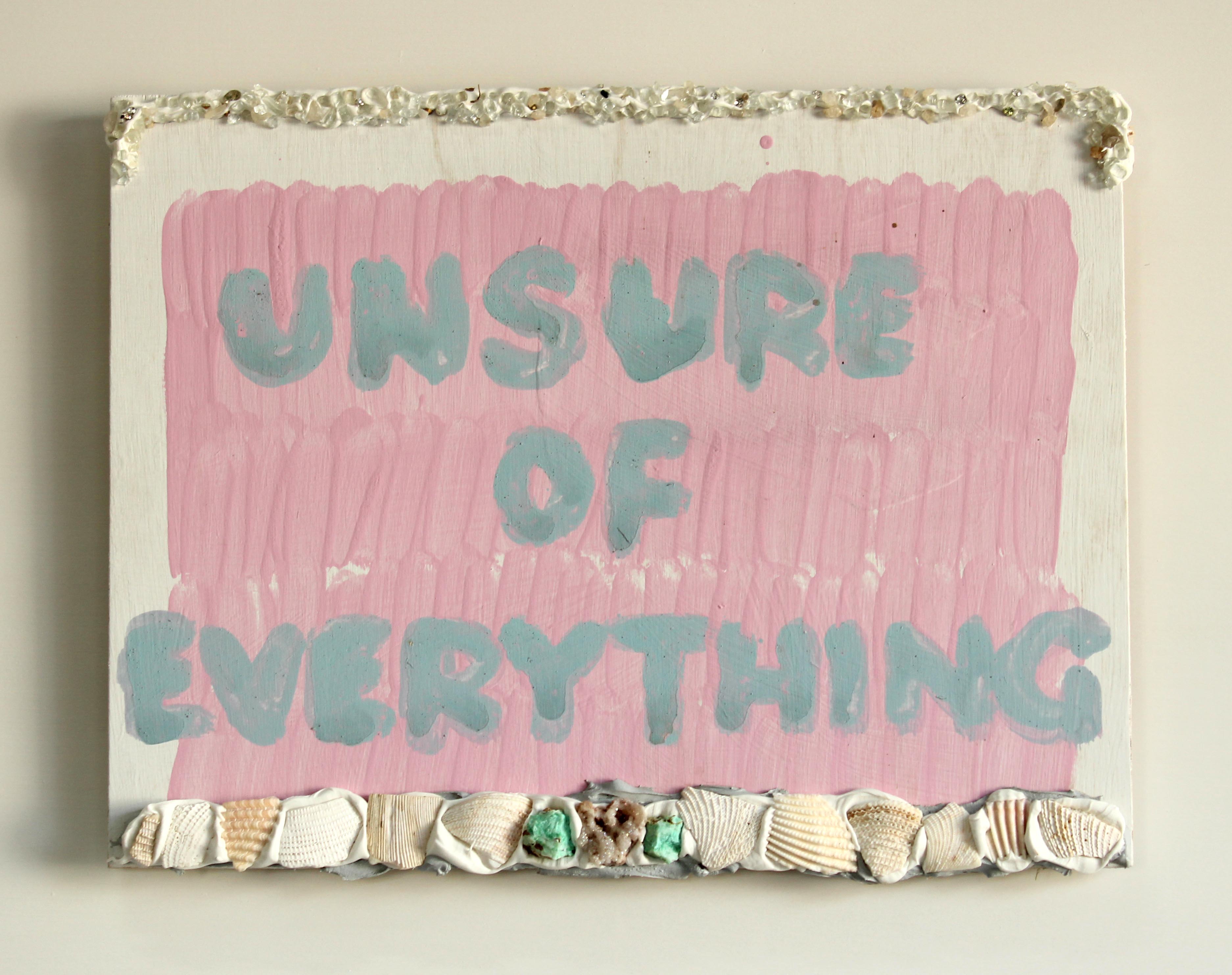 Tom Freeman, Unsure of Everything, 2022, acrylic, glue, shells, glass, gems on plywood, 31 x 41cm