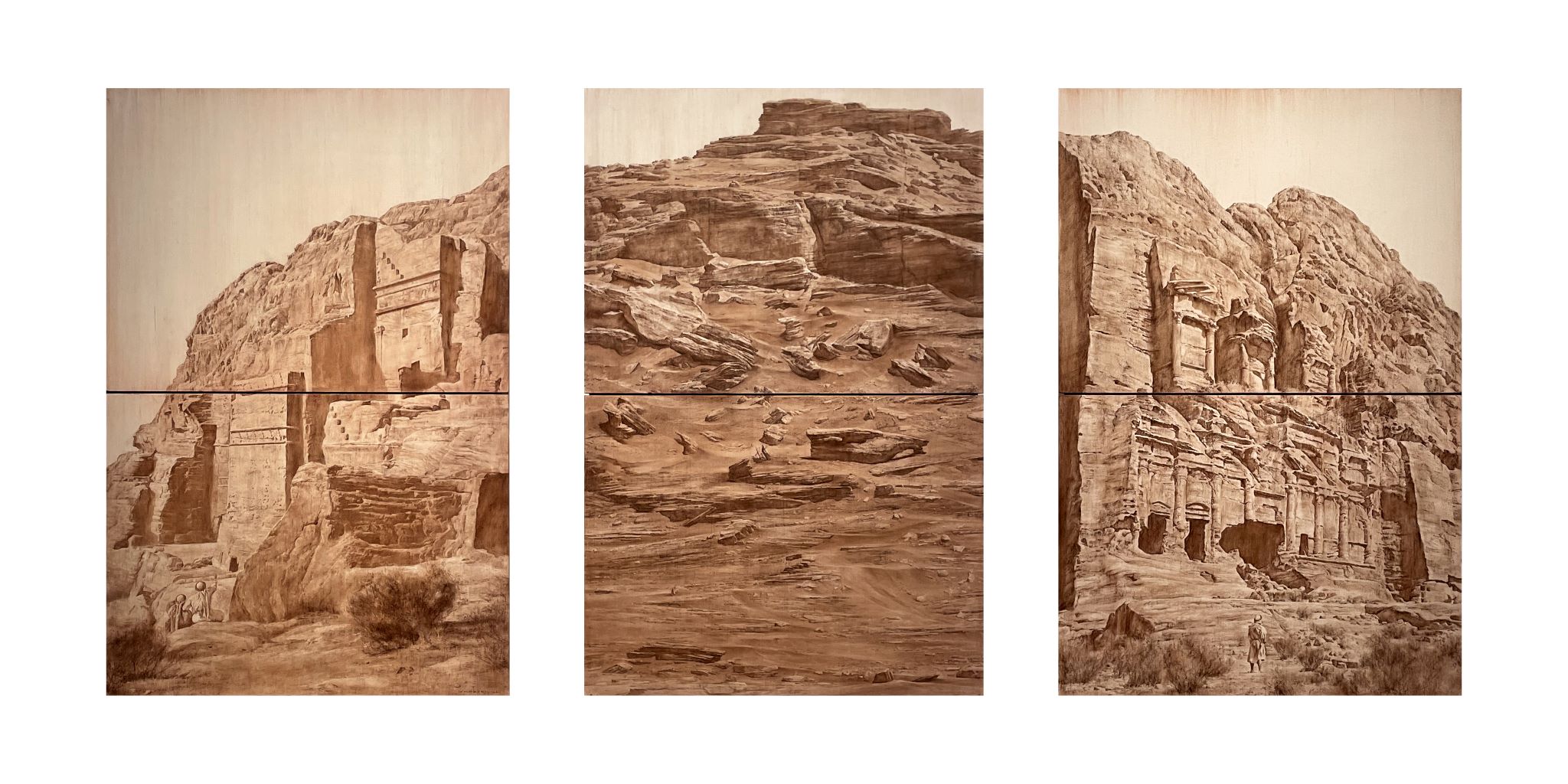 Tony Windberg, Wonders of the Worlds XI, 2022, oil paint, earth pigments and Conté crayon on board, 92 x 61cm, 92 x 61cm, 92 x 61cm (3 panels)