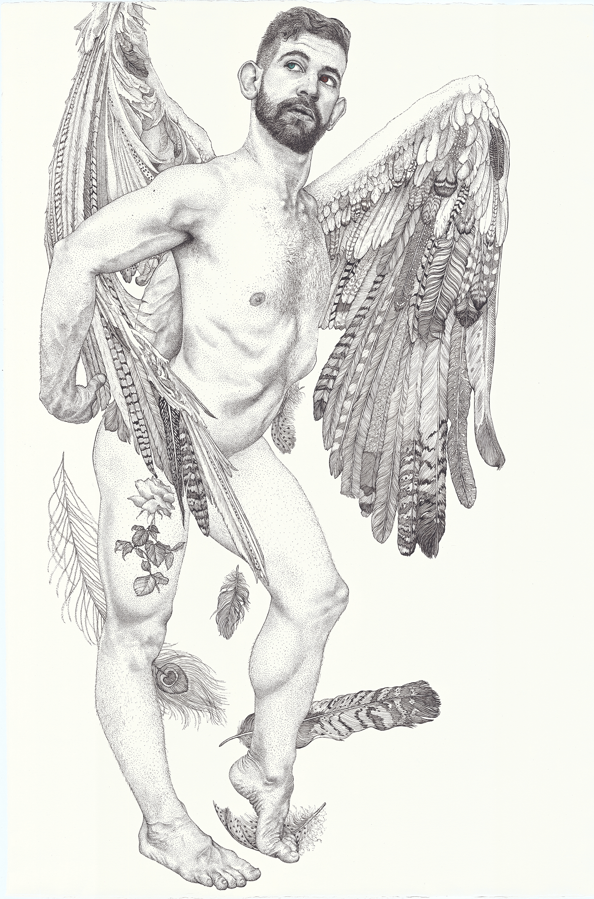 Andrew Nicholls, Icarus (portrait of Thomas Worrell), 2019, archival ink pen on watercolour paper, 120 x 80cm. Private Collection