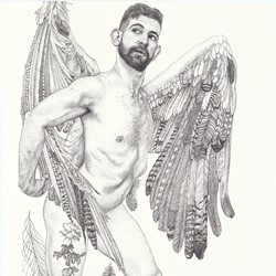 Andrew Nicholls, Icarus (portrait of Thomas Worrell), 2019, archival ink pen on watercolour paper, 120 x 80cm. Private Collection
