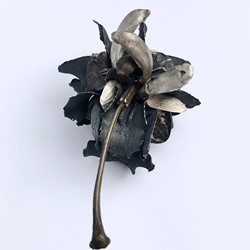Sarah Elson, Fuck Cluster Brooch 4 (orchid parts and stamen), 2022, orchid parts, and stamen, recycled silver and and brass, 9 x 9 x 12.5cm