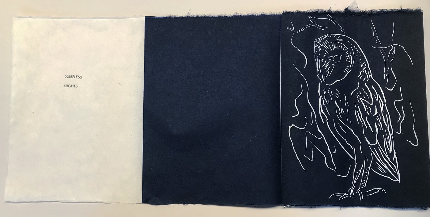 Paul Uhlmann, Sleepless Nights, 2022, artist’s book, digital cover, linocut, hand-stamped text, 29 x 21 x 220cm (leporello fold, each folded page 29 x 21cm), unique state