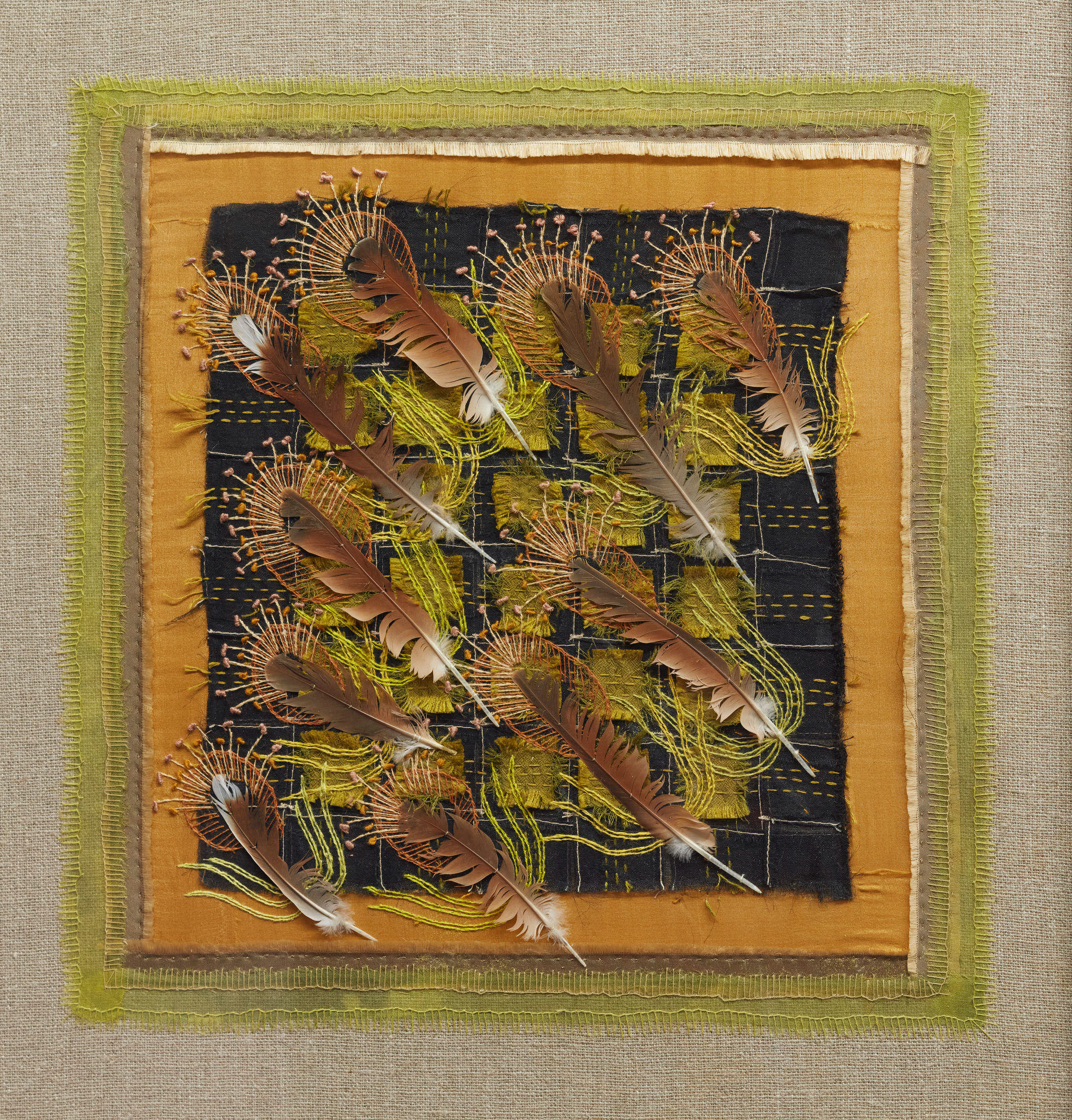 Megan Kirwan-Ward, Drift 1, 2022, silk, feathers and cotton thread on linen, 38 x 38cm