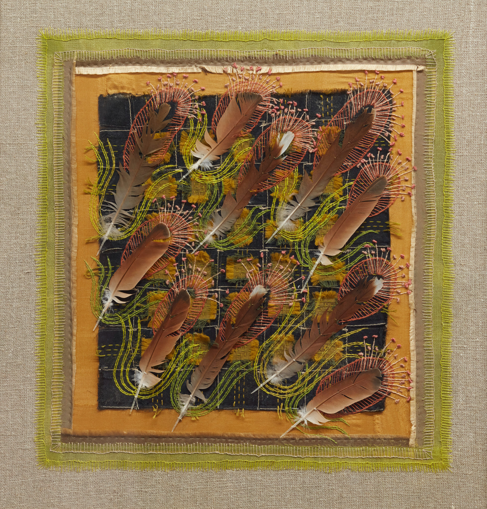 Megan Kirwan-Ward, Drift 2, 2022, silk, feathers and cotton thread on linen, 38 x 38cm